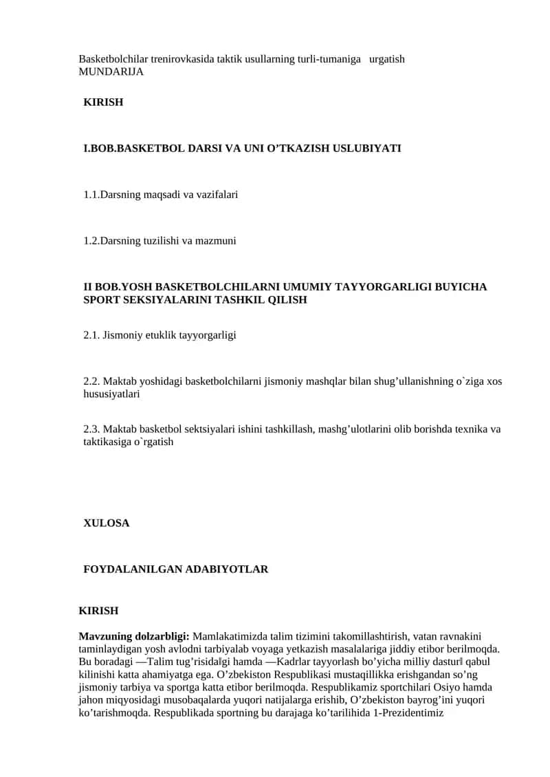 Basketbolchilar trenirovkasida taktik usullarning turli-tumaniga urgatish