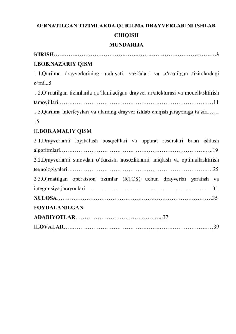 O‘RNATILGAN TIZIMLARDA QURILMA DRAYVERLARINI ISHLAB CHIQISH