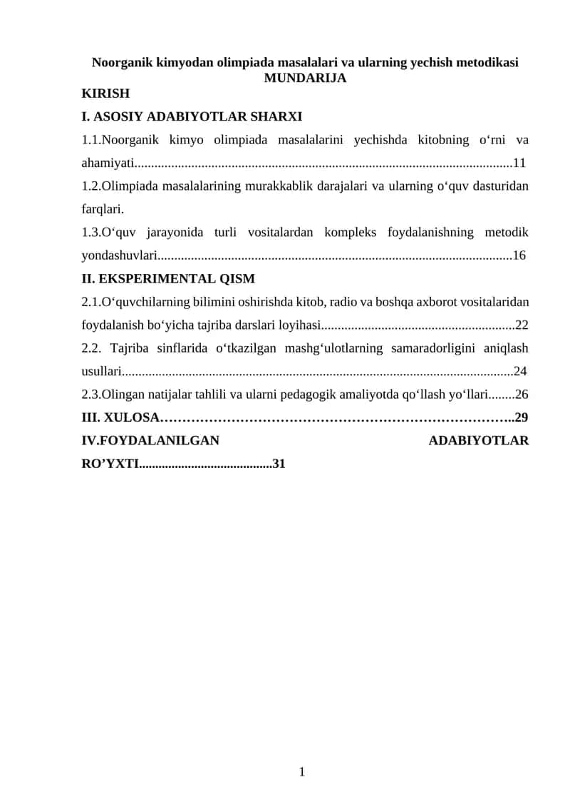 Noorganik kimyodan olimpiada masalalari va ularning yechish metodikasi