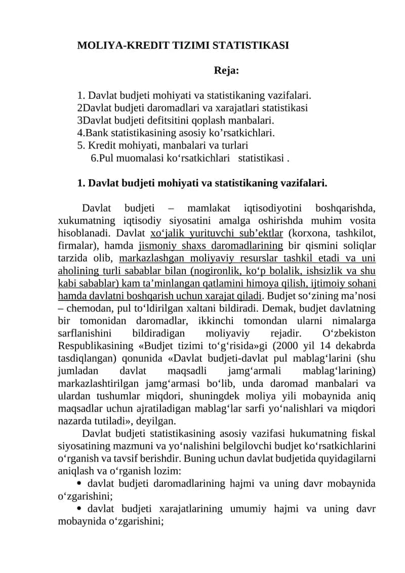 MOLIYA-KREDIT TIZIMI STATISTIKASI