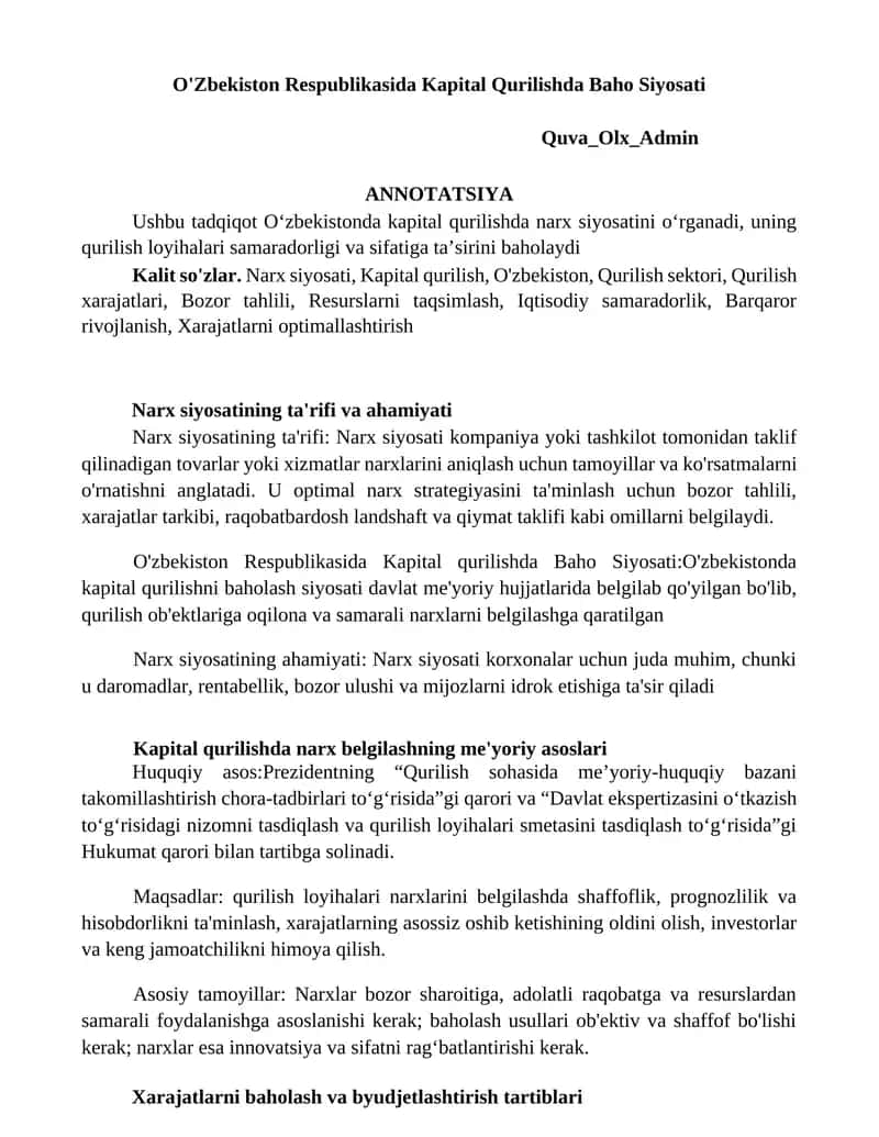 O'Zbekiston Respublikasida Kapital Qurilishda Baho Siyosati