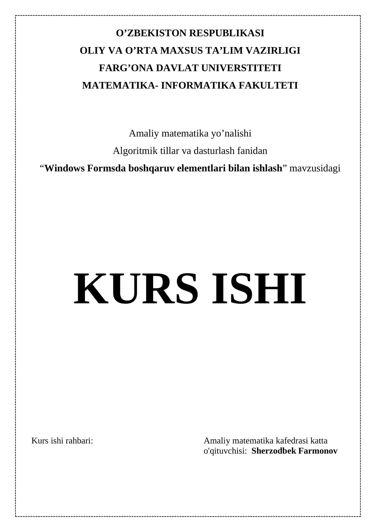 "Windows Formsda boshqaruv elementlari bilan ishlash" mavzusidagi KURS ISHI