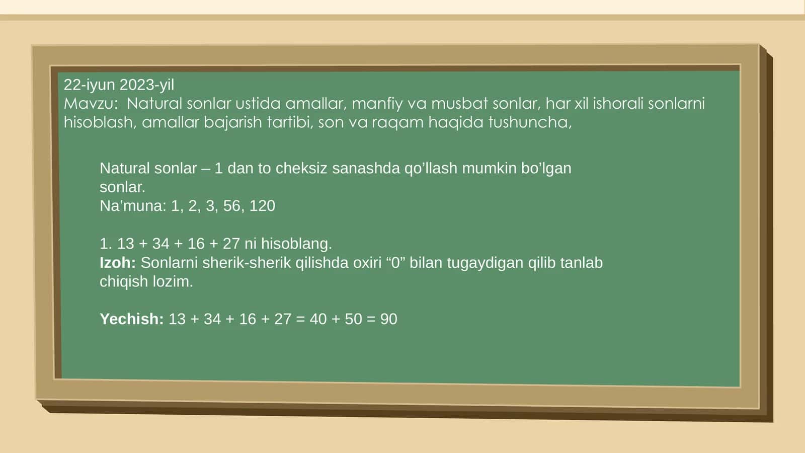 Natural sonlar ustida amallar, manfiy va musbat sonlar, har xil ishorali sonlarni hisoblash, amallar bajarish tartibi, son va raqam haqida tushuncha