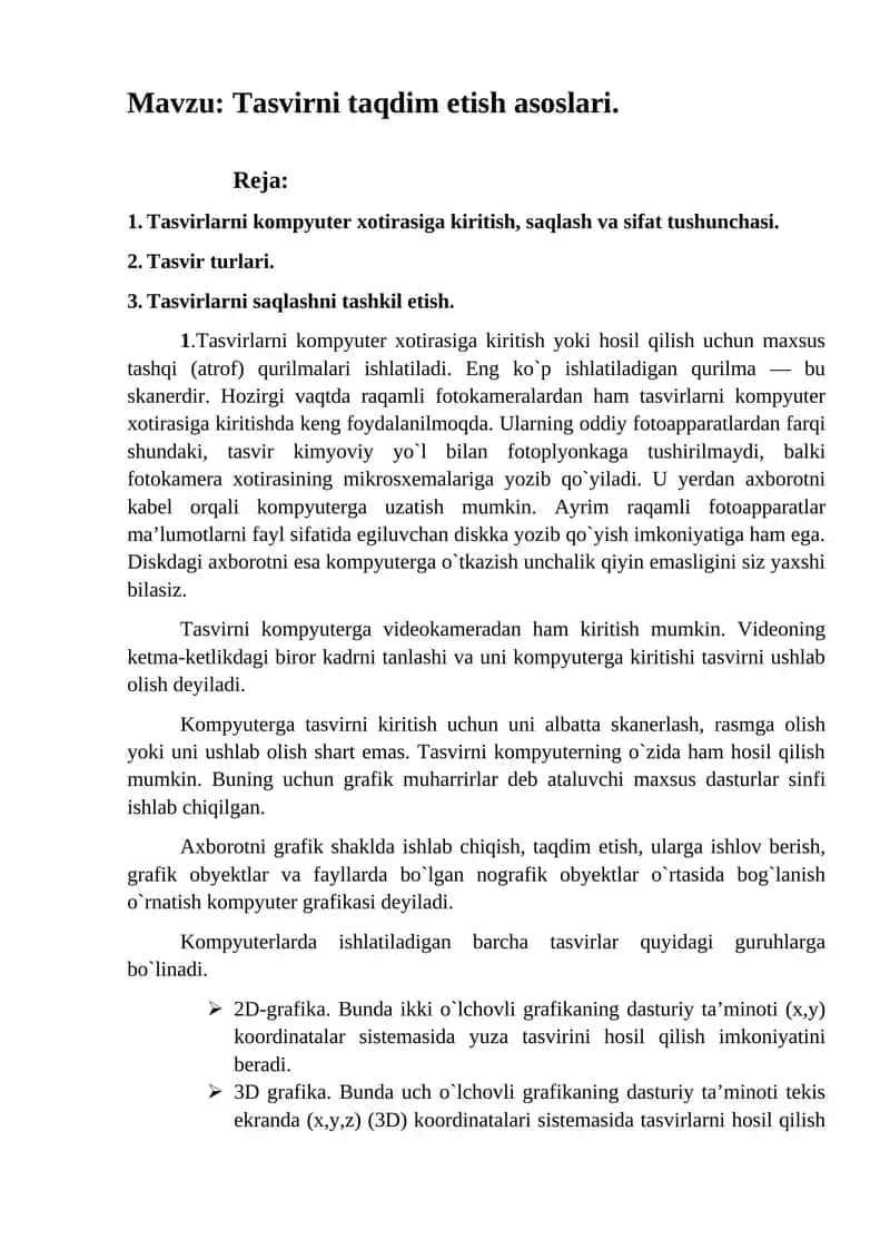 Tasvirni taqdim etish asoslari