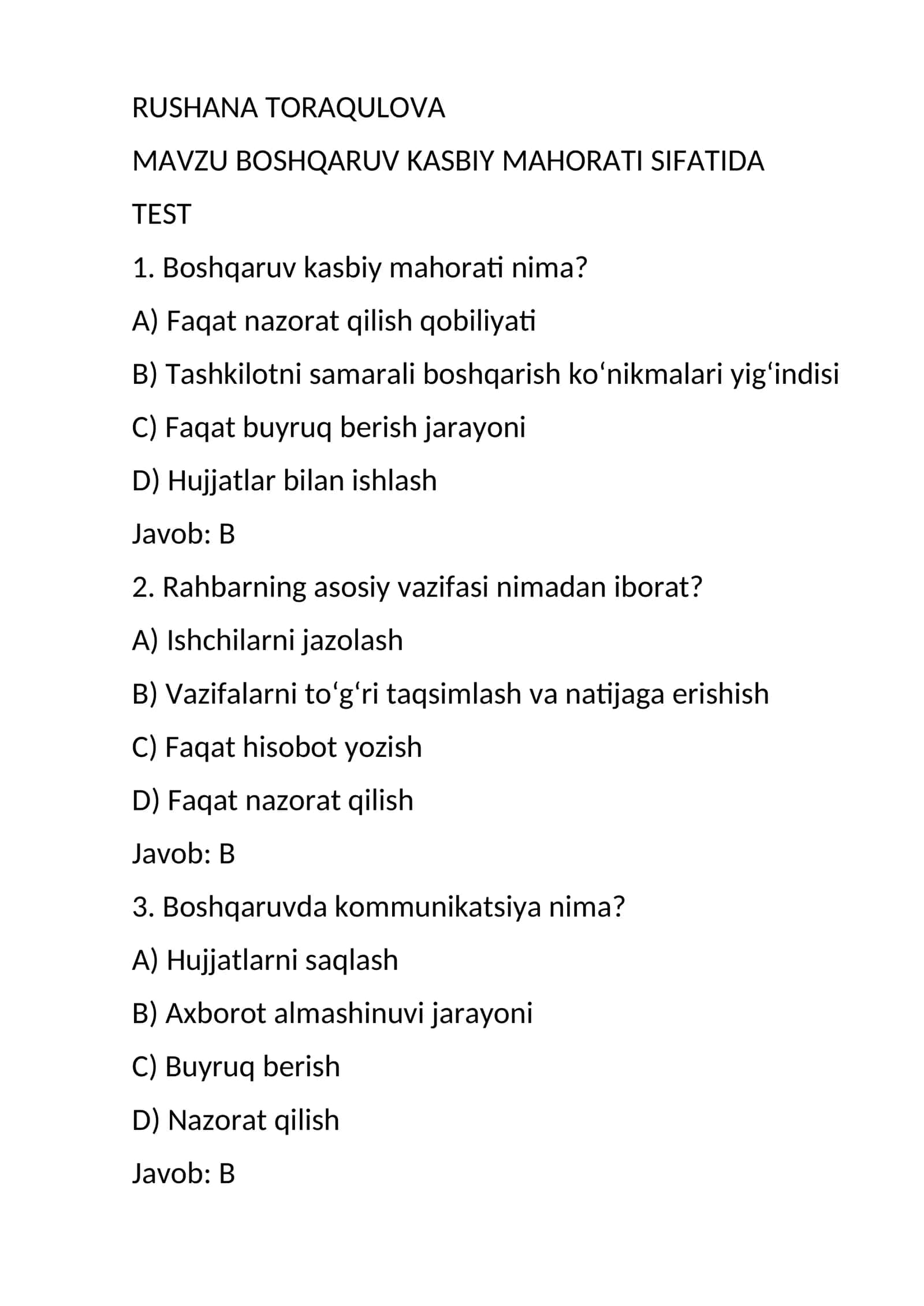 BOSHQARUV KASBIY MAHORATI SIFATIDA