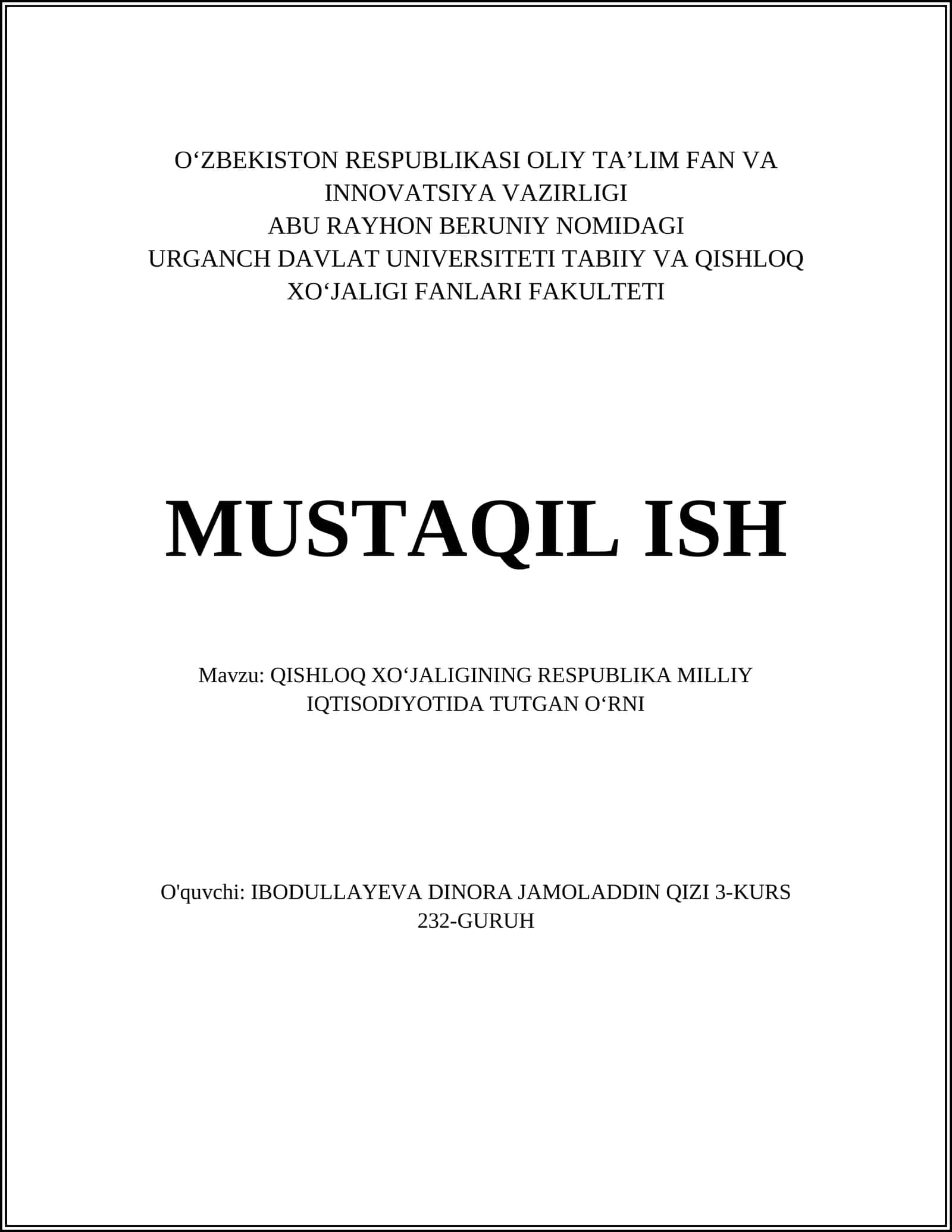 QISHLOQ XOʻJALIGINING RESPUBLIKA MILLIY IQTISODIYOTIDA TUTGAN OʻRNI