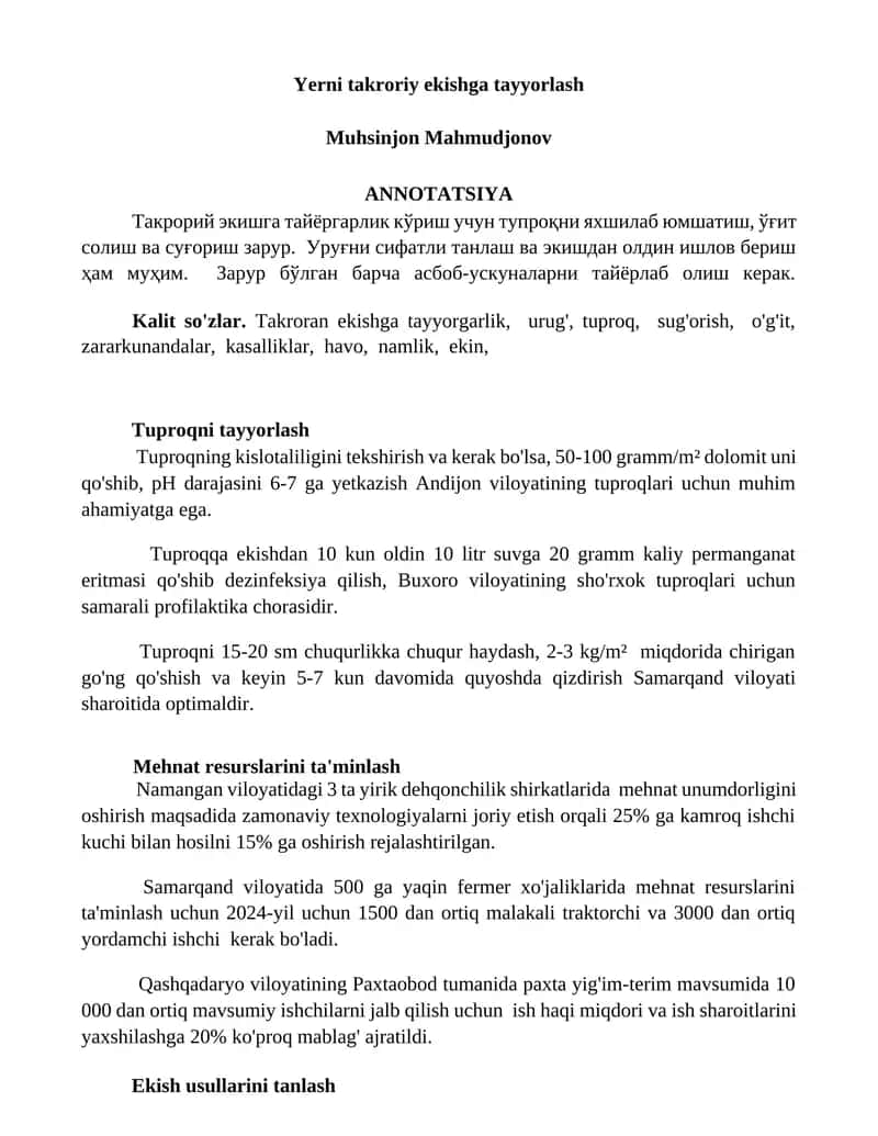 Tuproqni takroriy ekishga tayyorlash