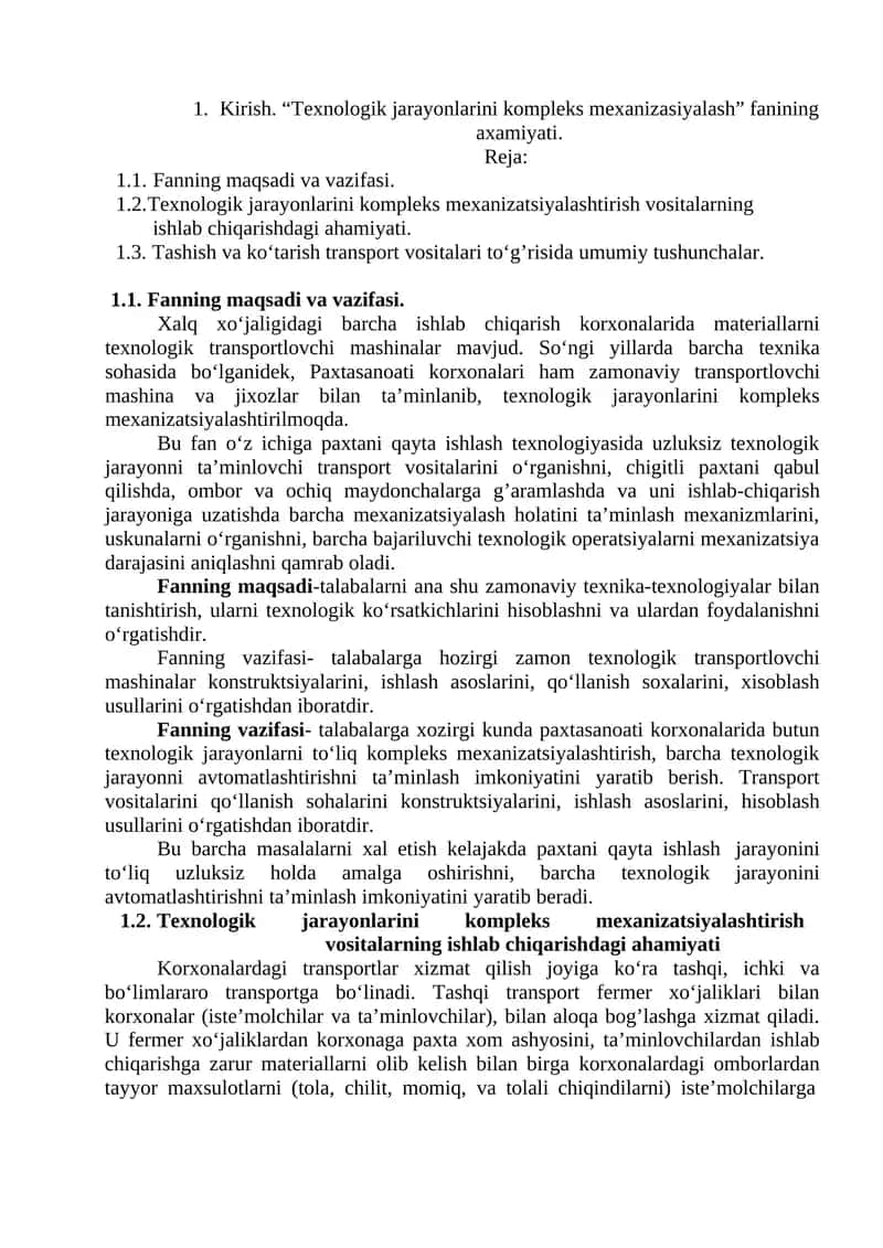 Texnologik jarayonlarini kompleks mexanizasiyalash