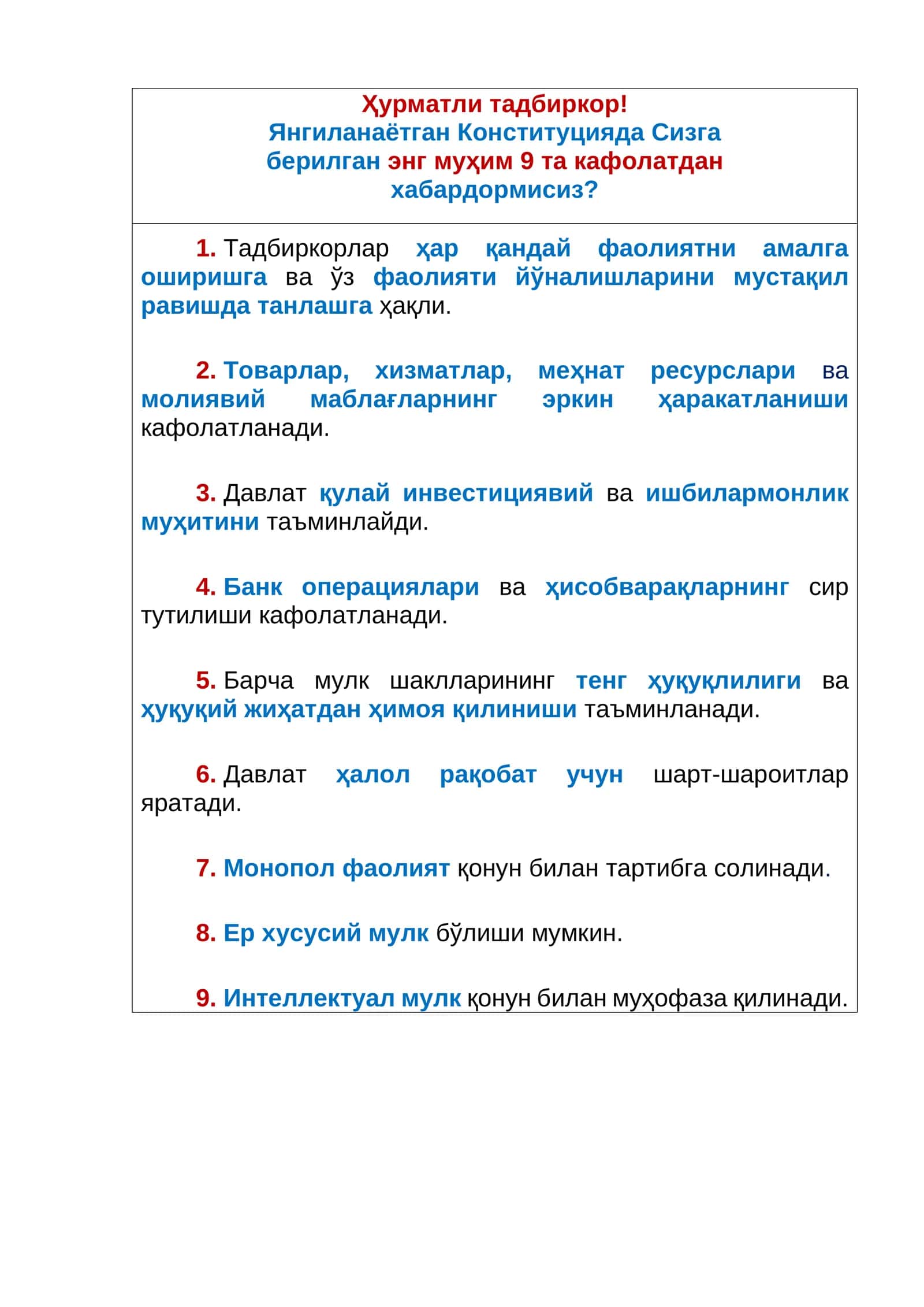 Янгиланаётган Конституцияда Сизга берилган энг муҳим 9та кафолат
