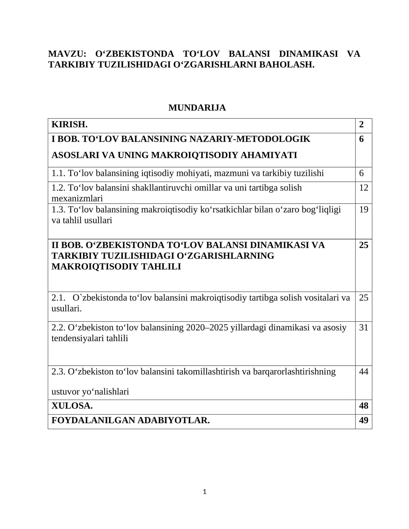 OʻZBEKISTONDA TOʻLOV BALANSI DINAMIKASI VA TARKIBIY TUZILISHIDAGI OʻZGARISHLARNI BAHOLASH
