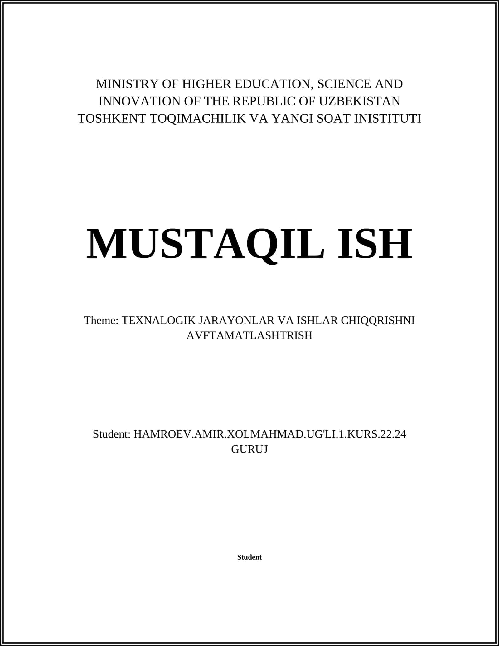 TEXNALOGIK JARAYONLAR VA ISHLAR CHIQQRISHNI AVFTAMATLASHTRISH