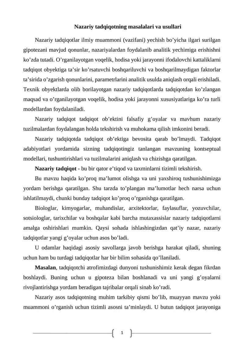 Nazariy tadqiqotning masalalari va usullari