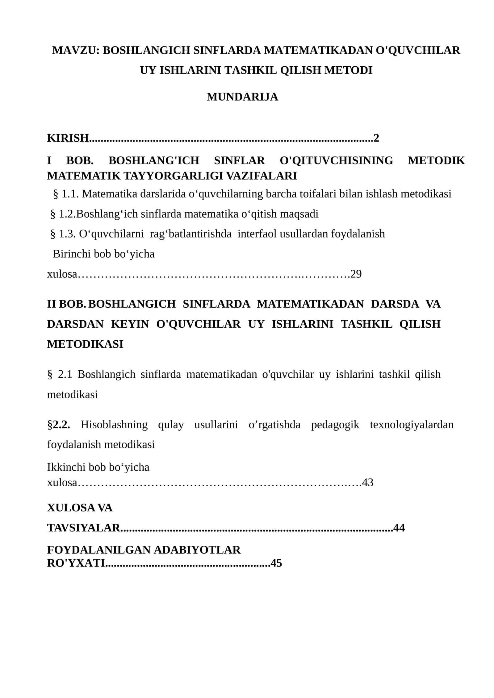 BOSHLANGICH SINFLARDA MATEMATIKADAN O'QUVCHILAR UY ISHLARINI TASHKIL QILISH METODI
