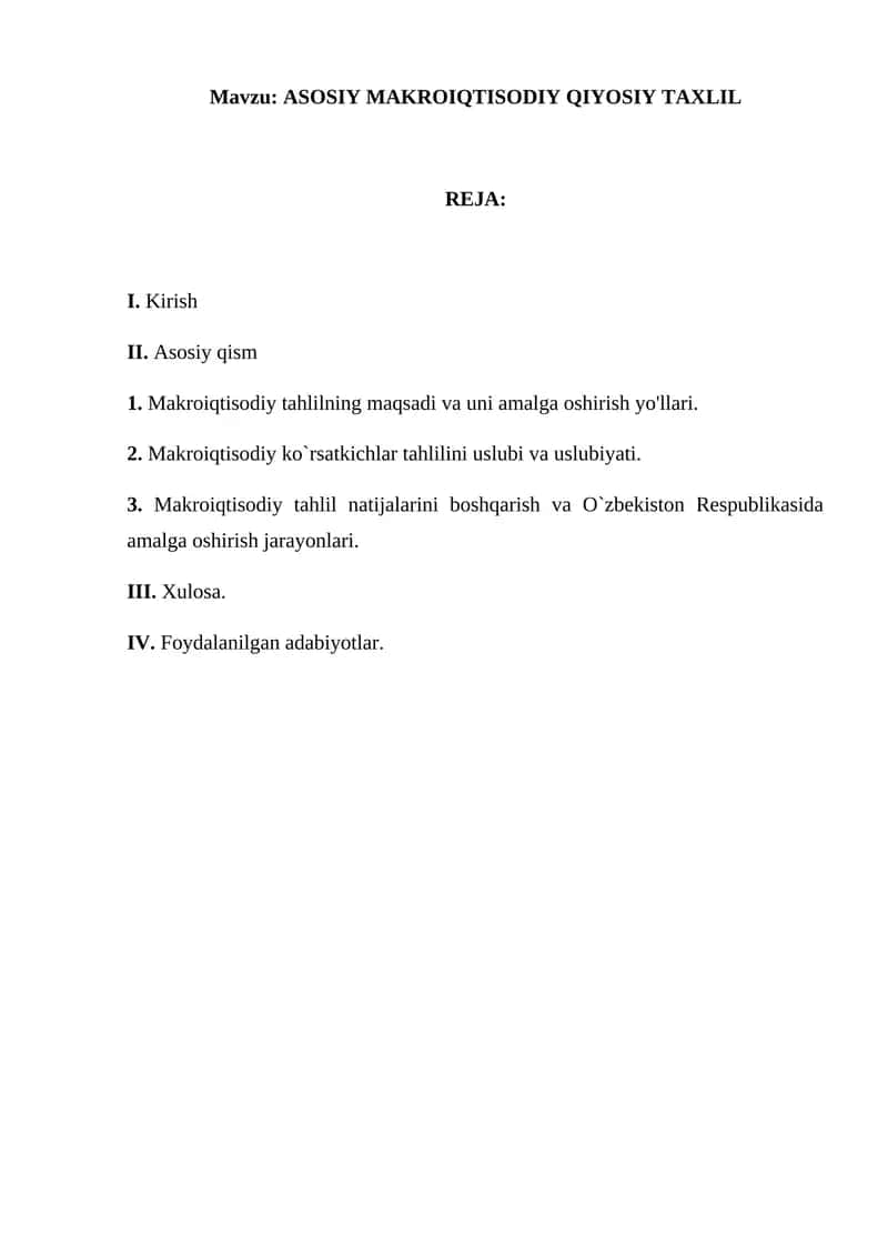ASOSIY MAKROIQTISODIY QIYOSIY TAXLIL