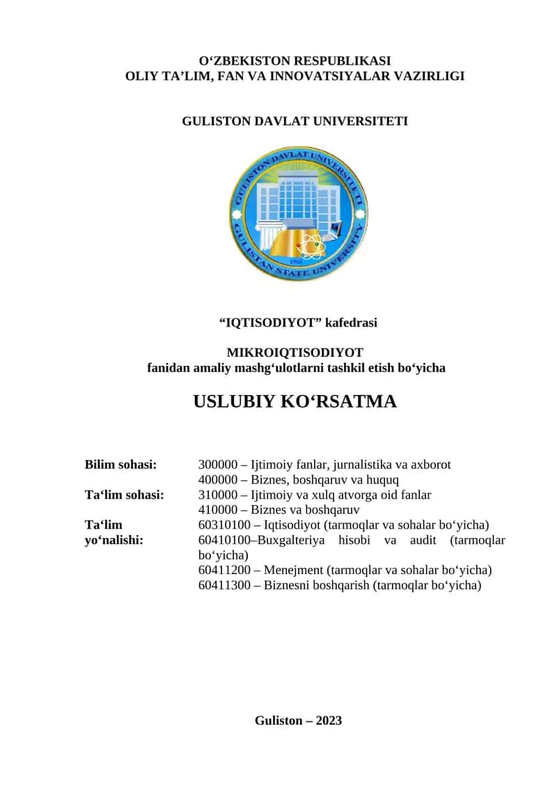 Mikroiqtisodiyot fani amaliy mashg'ulotlari