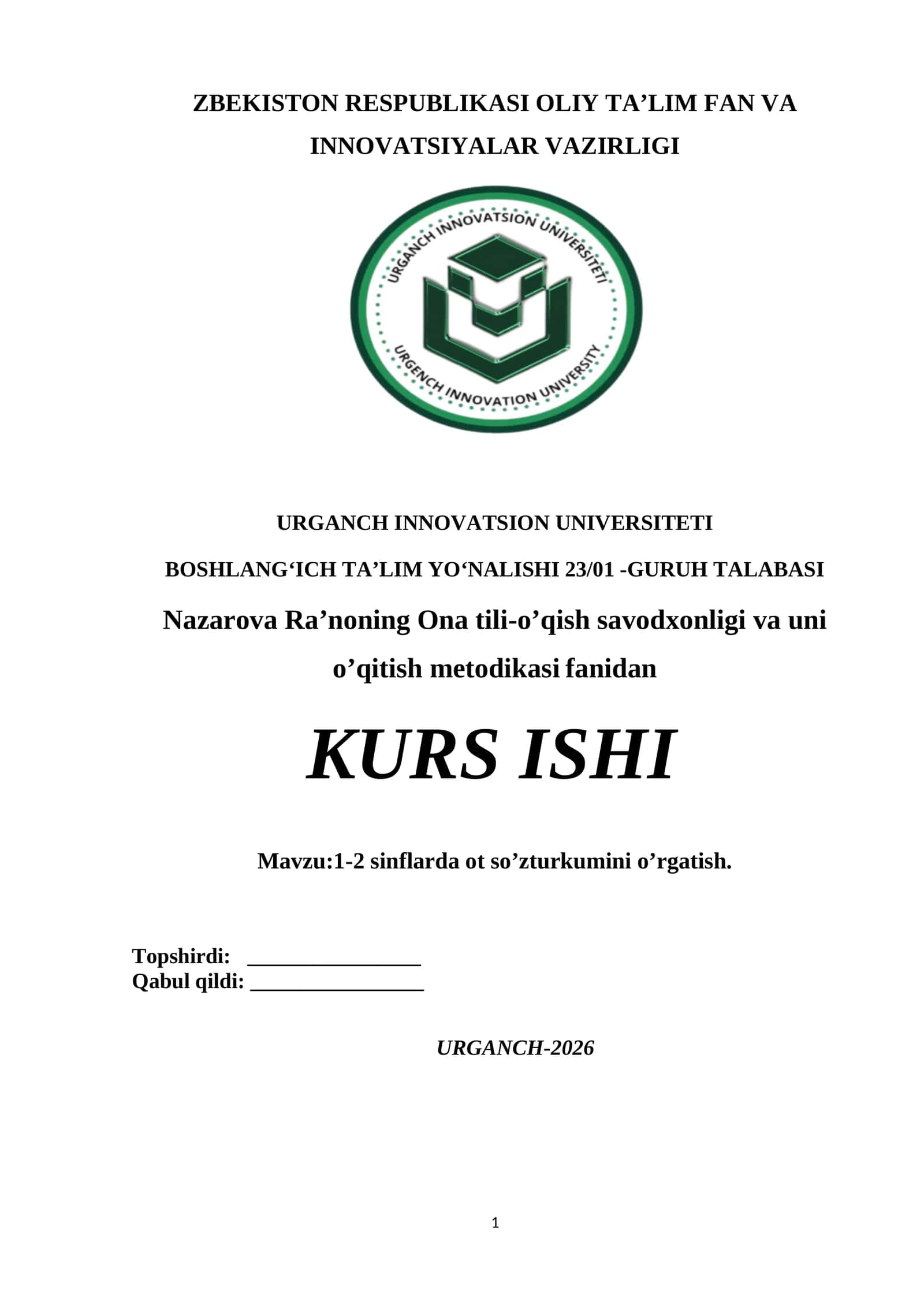 1-2 sinflarda ot so’zturkumini o’rgatish