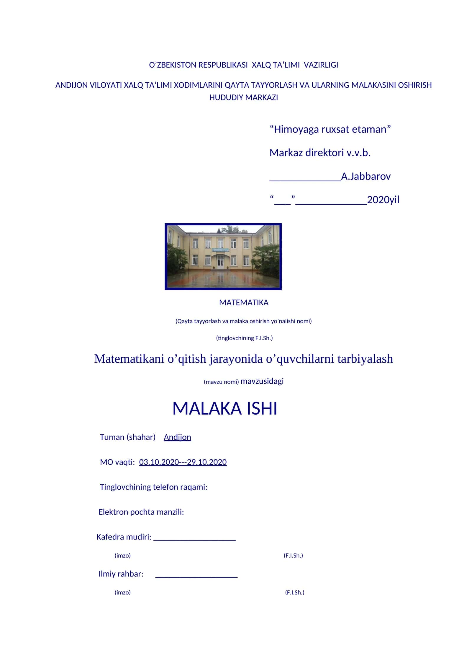 Matematikani o’qitish jarayonida o’quvchilarni tarbiyalash