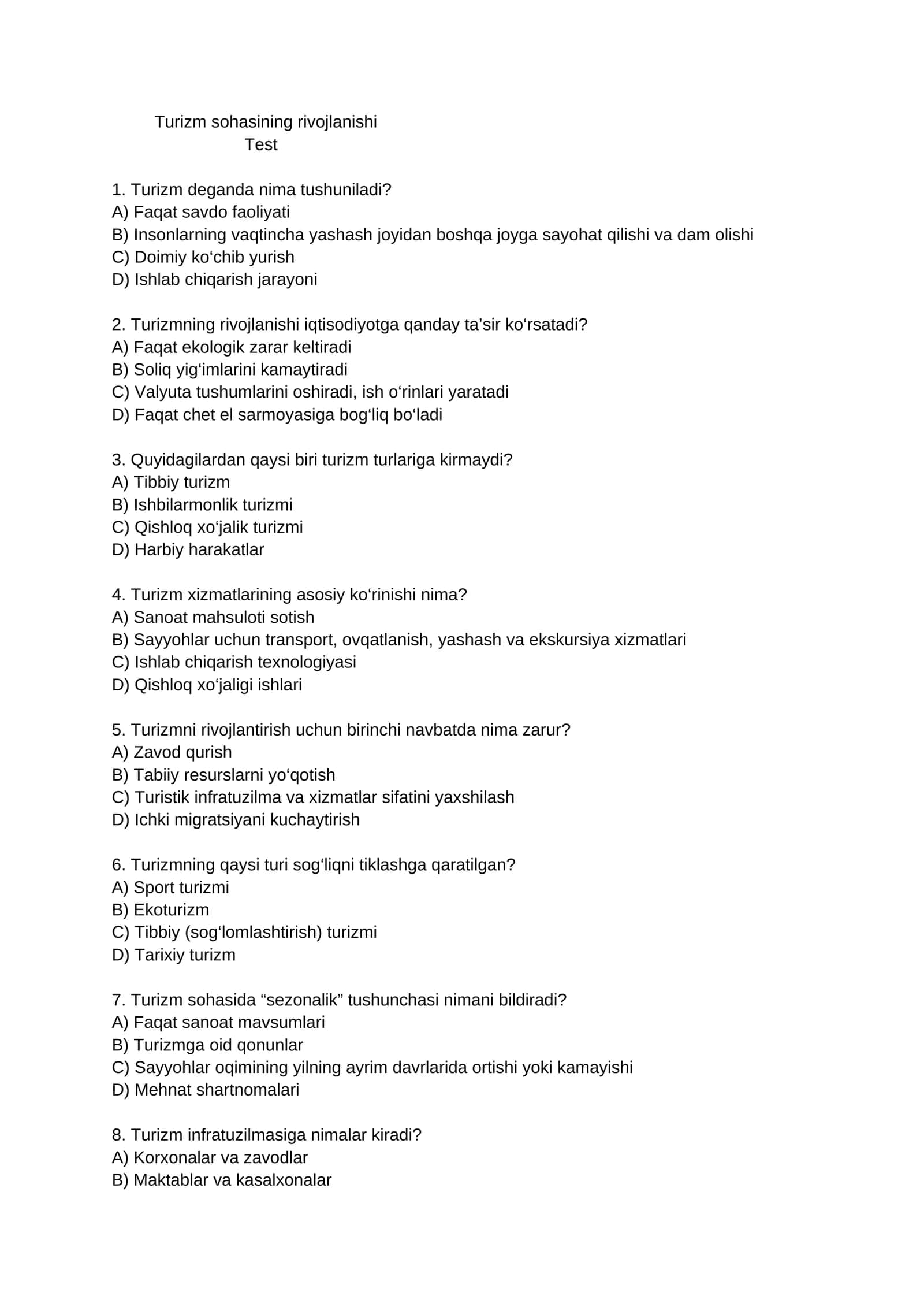 Turizm sohasining rivojlanishi