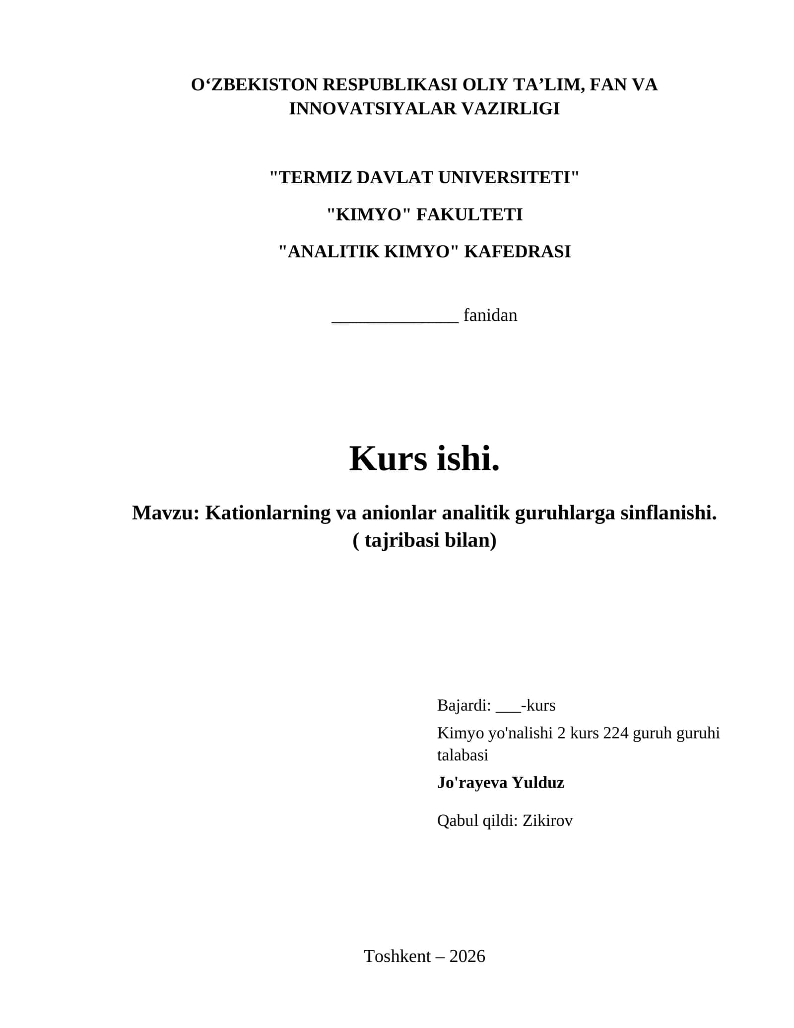 Kationlarning va anionlar analitik guruhlarga sinflanishi. ( tajribasi bilan)