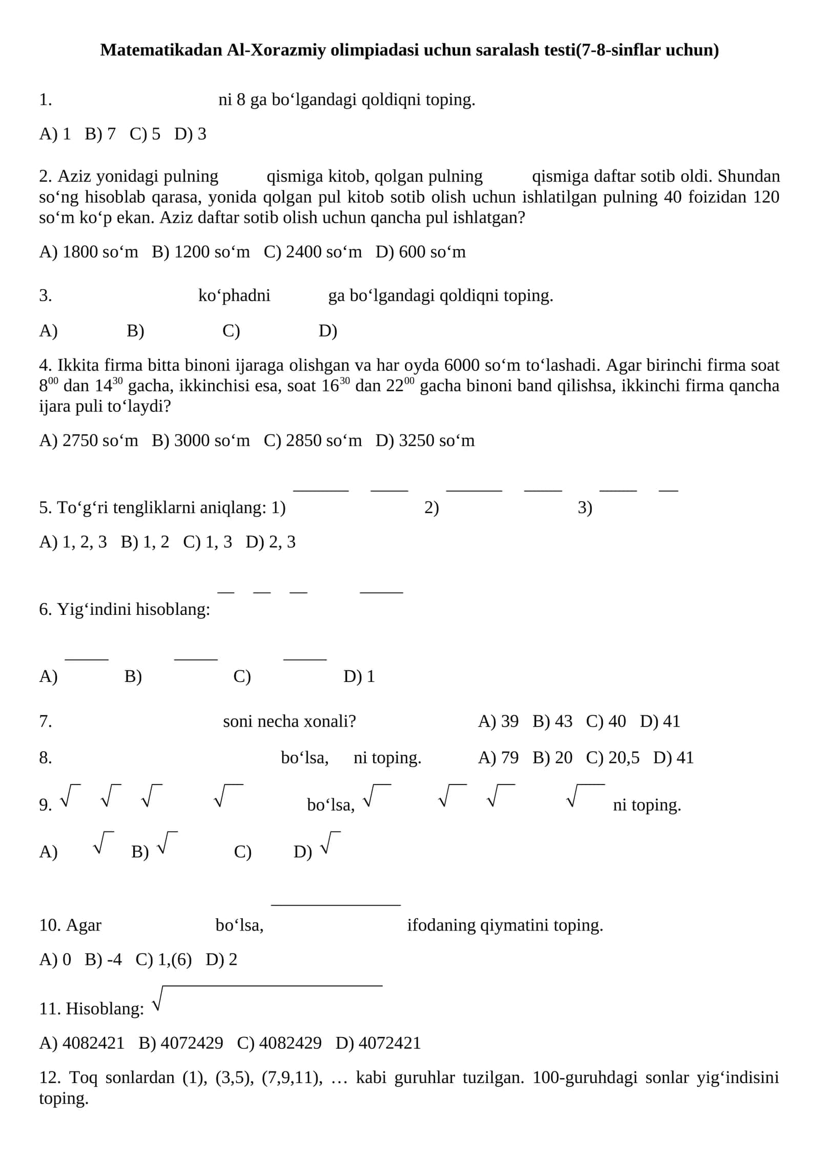 Al-Xorazmiy olimpiadasi matematika testi