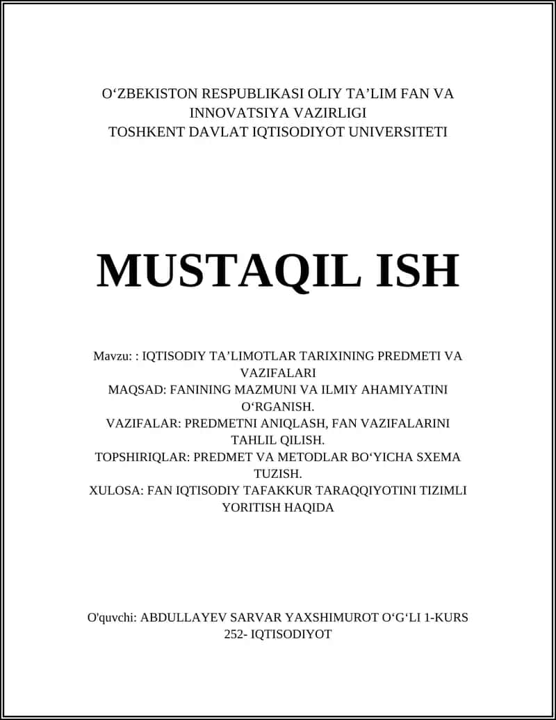 Iqtisodiy Ta'limotlar Tarixining Predmeti va Vazifalari