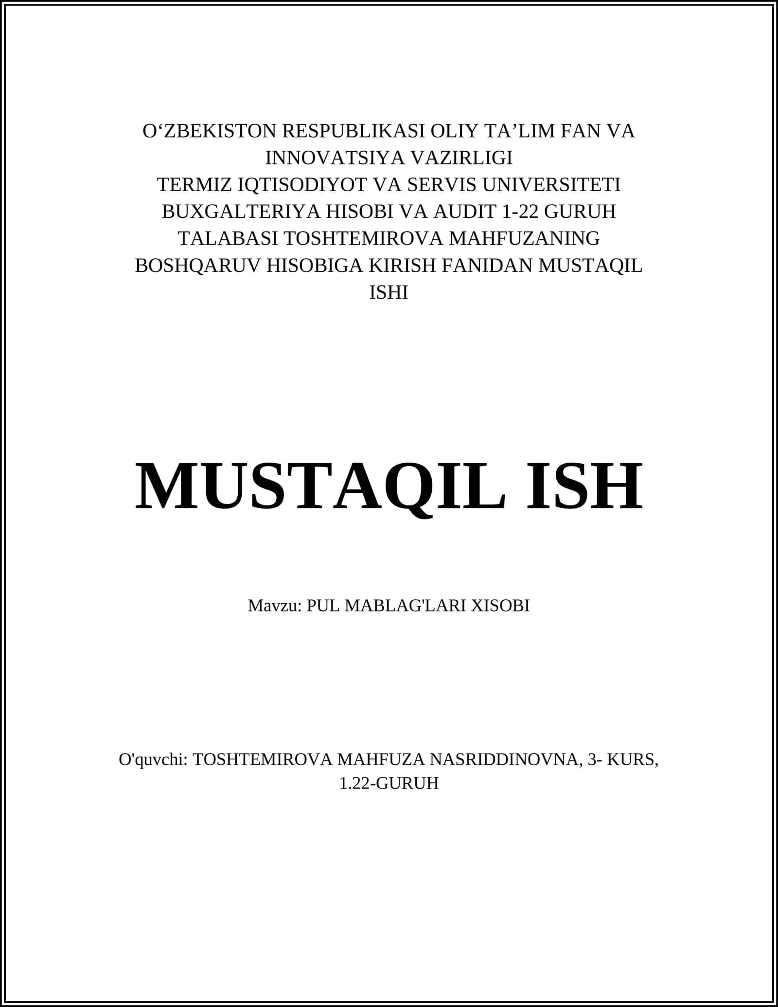 Pul Mablag'lari Xisobi