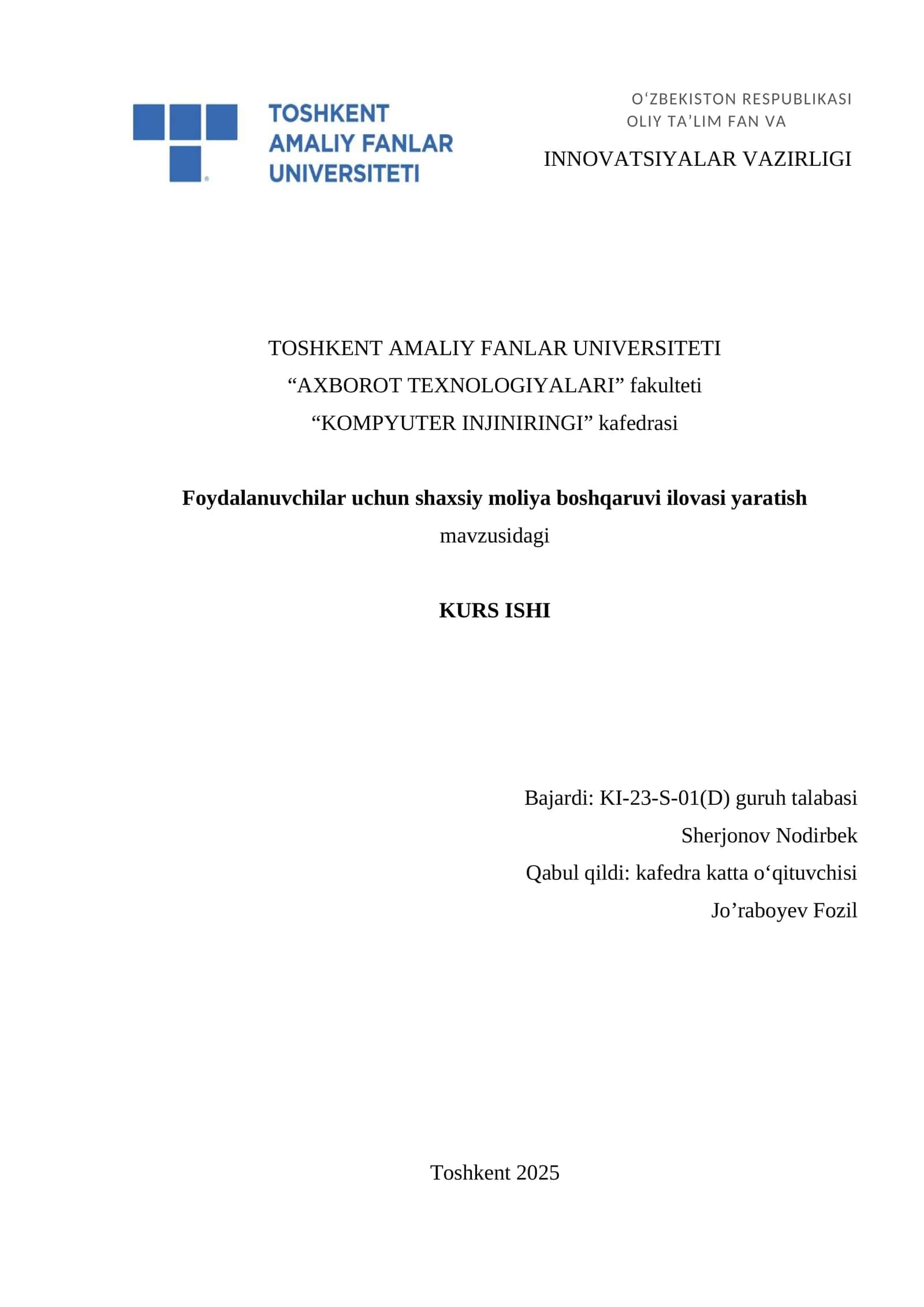 Shaxsiy moliya boshqaruvi ilovasi yaratish mavzusi