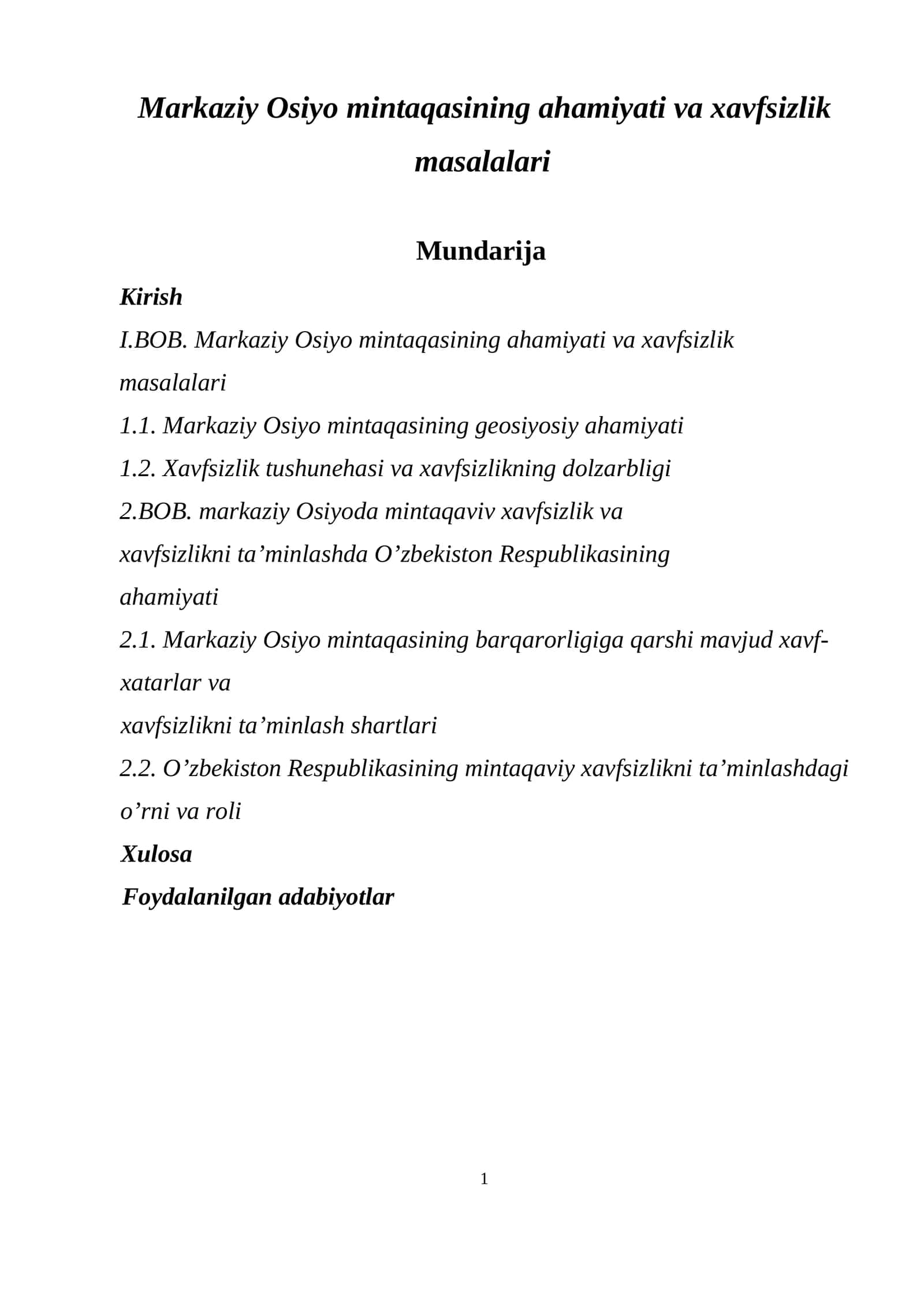 Markaziy Osiyo mintaqasining ahamiyati va xavfsizlik masalalari