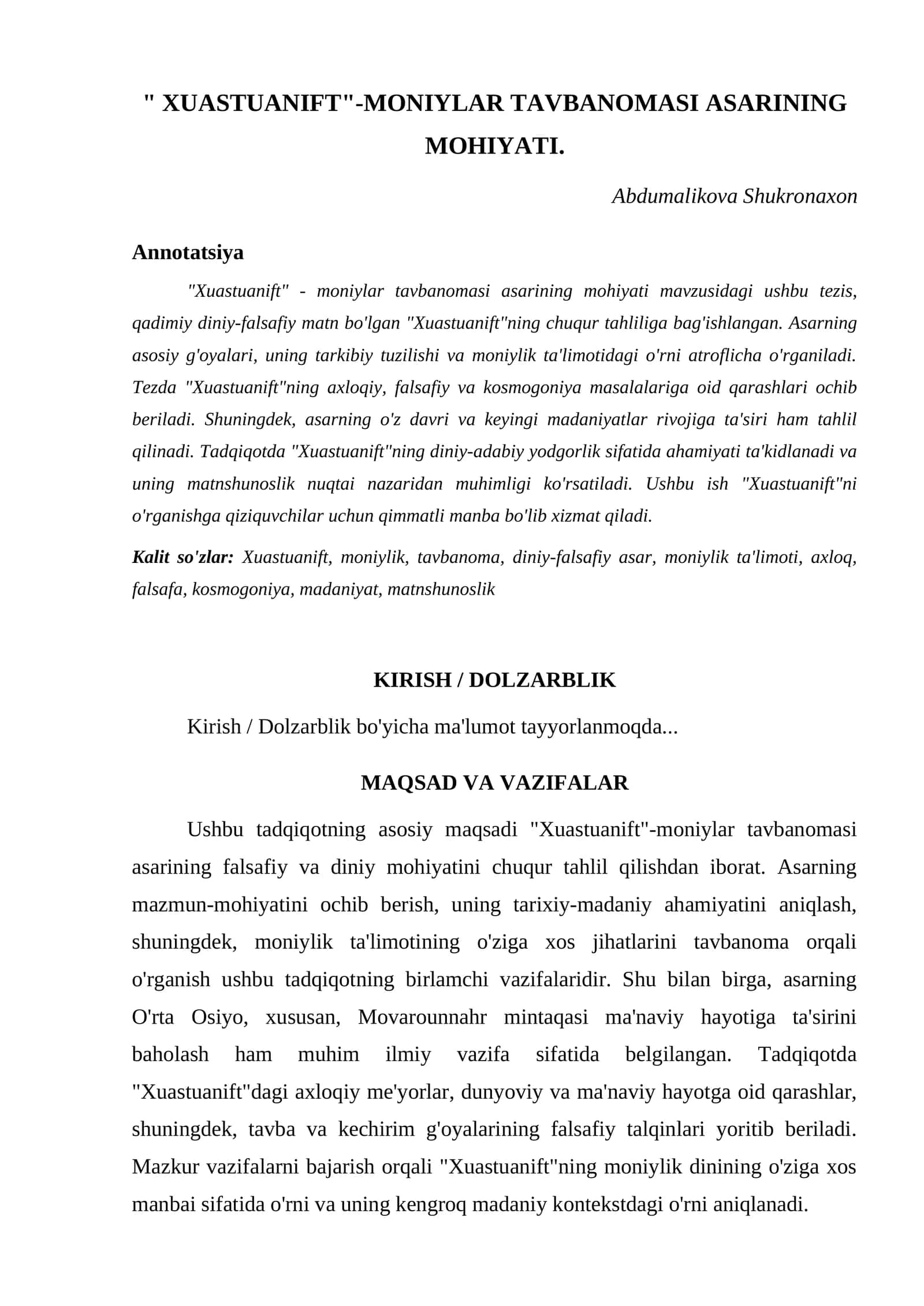 "XUASTUANIFT"-MONIYLAR TAVBANOMASI ASARINING MOHIYATI