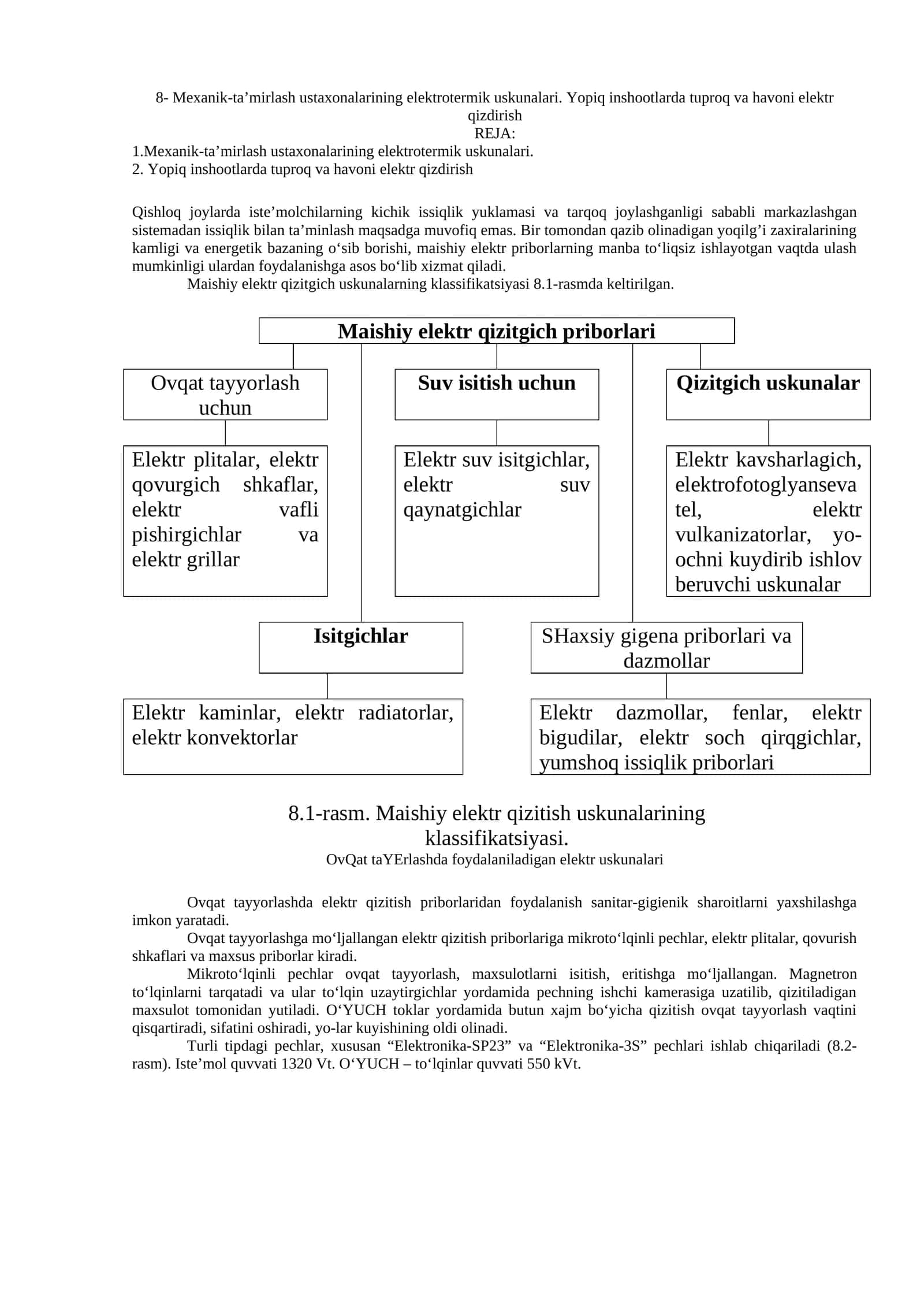 8- Mexanik-ta’mirlash ustaxonalarining elektrotermik uskunalari. Yopiq inshootlarda tuproq va havoni elektr qizdirish
