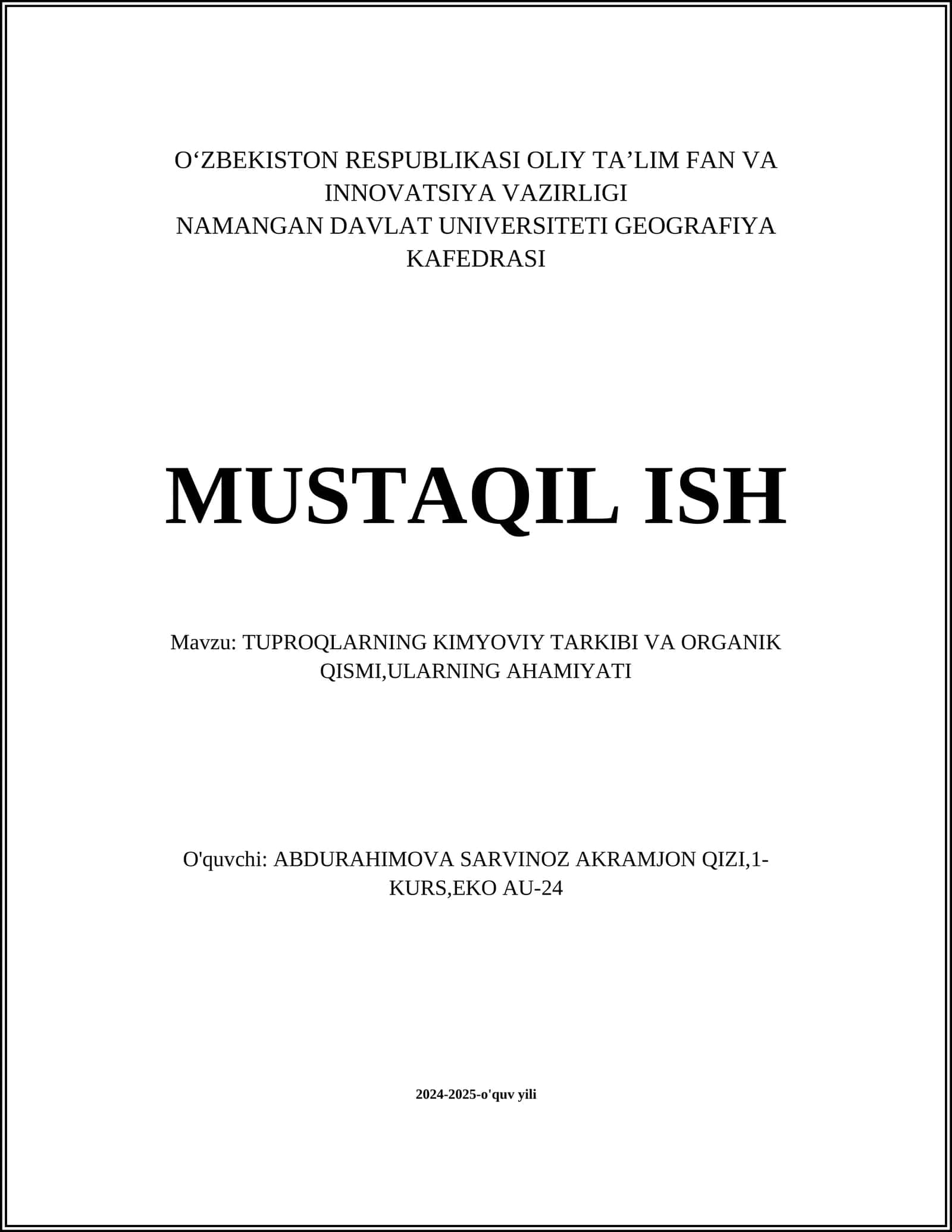 Tuproq kimyoviy tarkibi va organik qismi