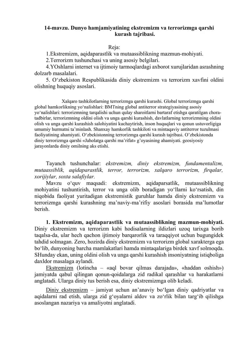 Dunyo hamjamiyatining ekstremizm va terrorizmga qarshi kurash tajribasi