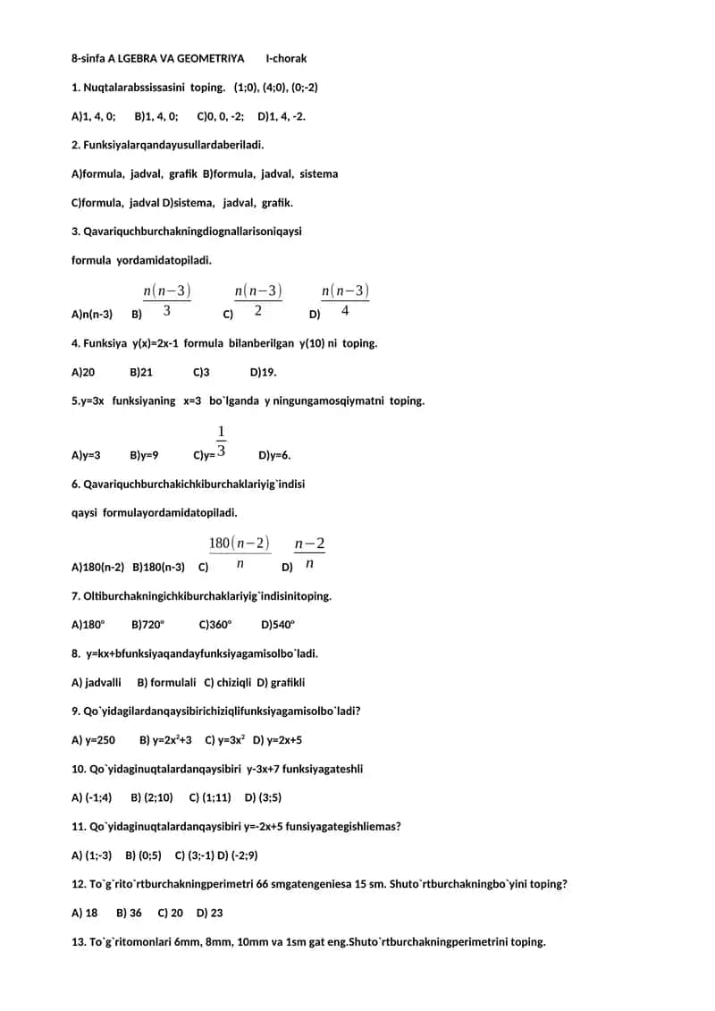 8-sinfa ALGEBRA VA GEOMETRIYA I-chorak