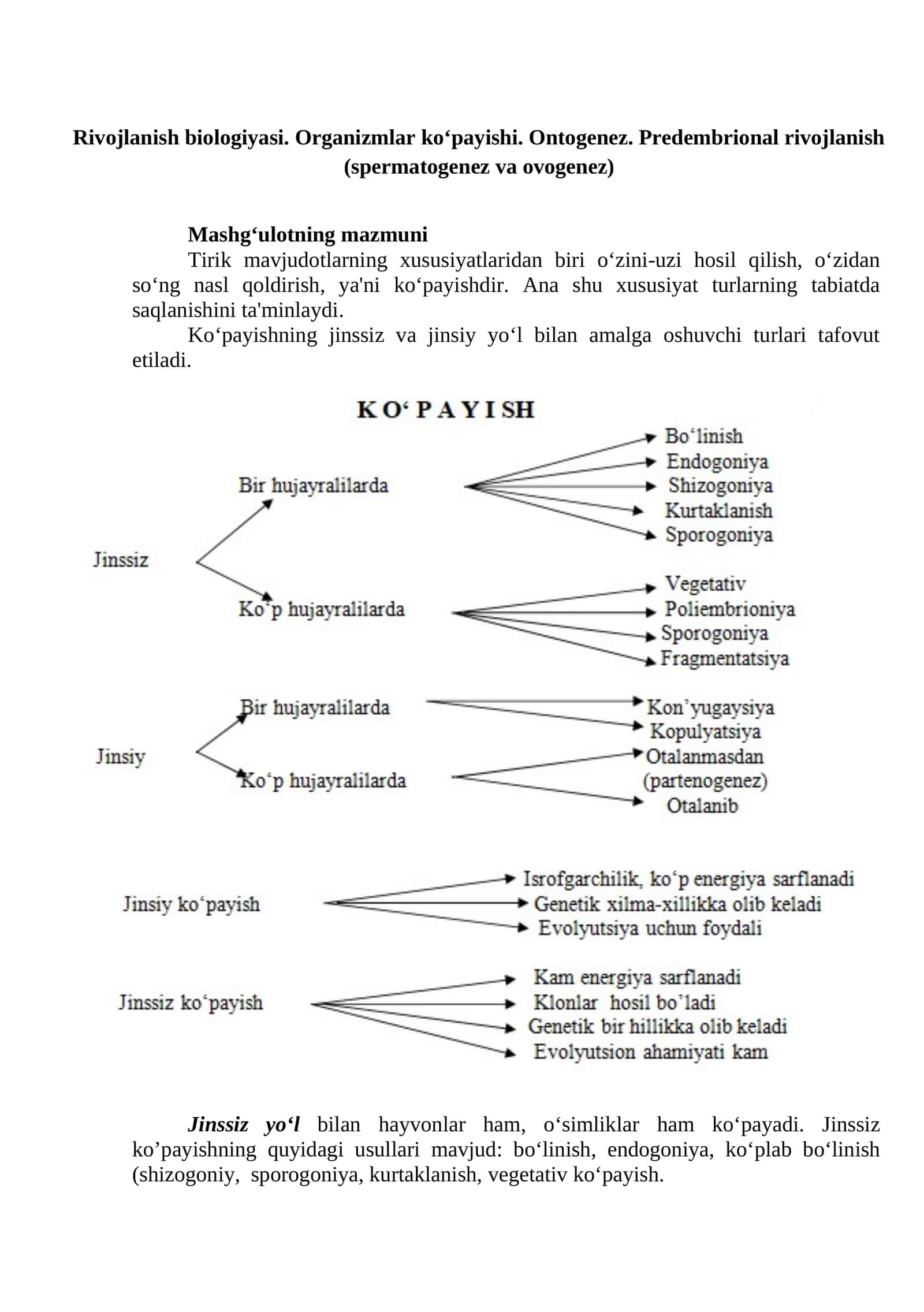 Rivojlanish biologiyasi. Organizmlar ko‘payishi. Ontogenez. Predembrional rivojlanish (spermatogenez va ovogenez)