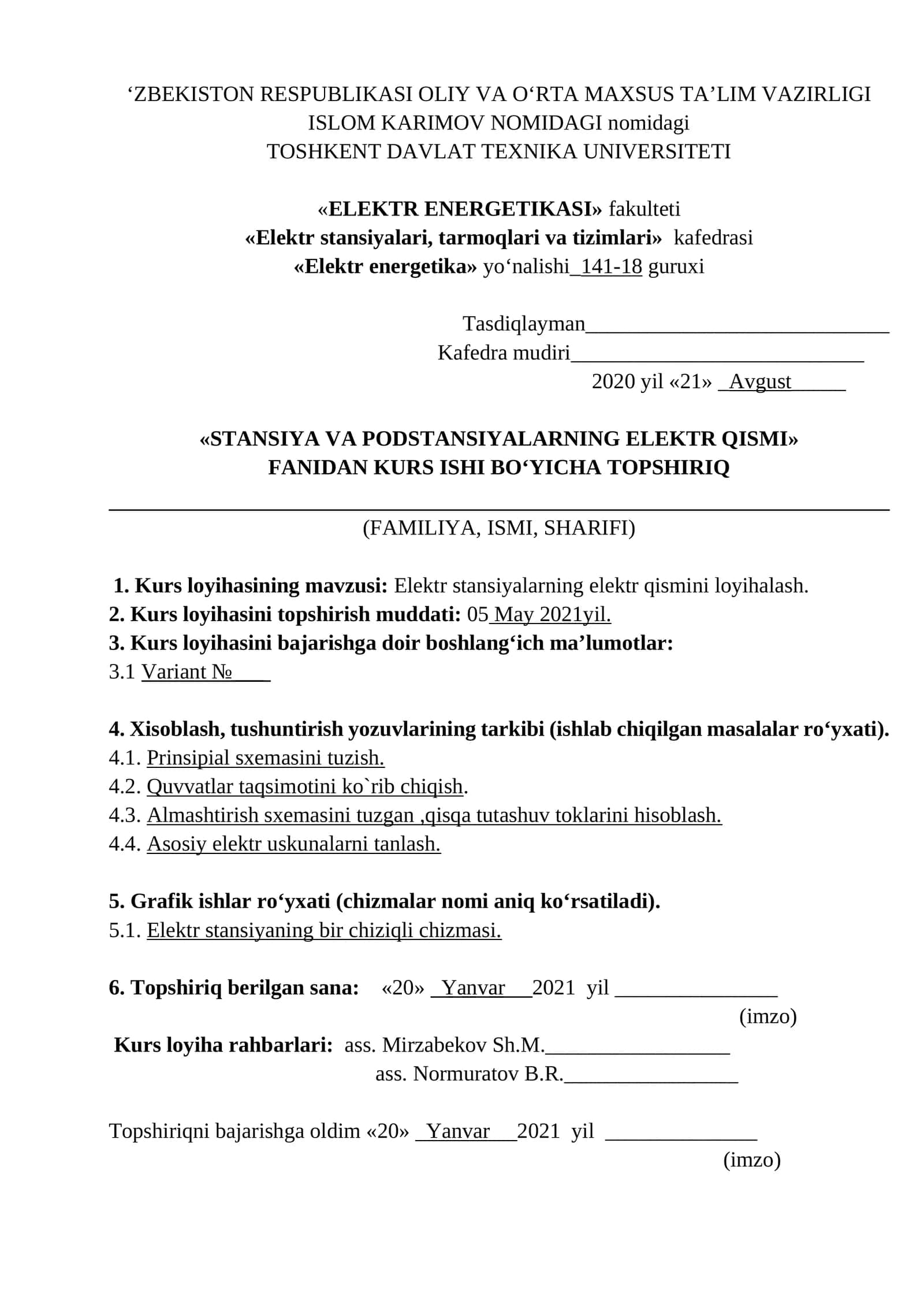 Elektr stansiyalarning elektr qismini loyihalash