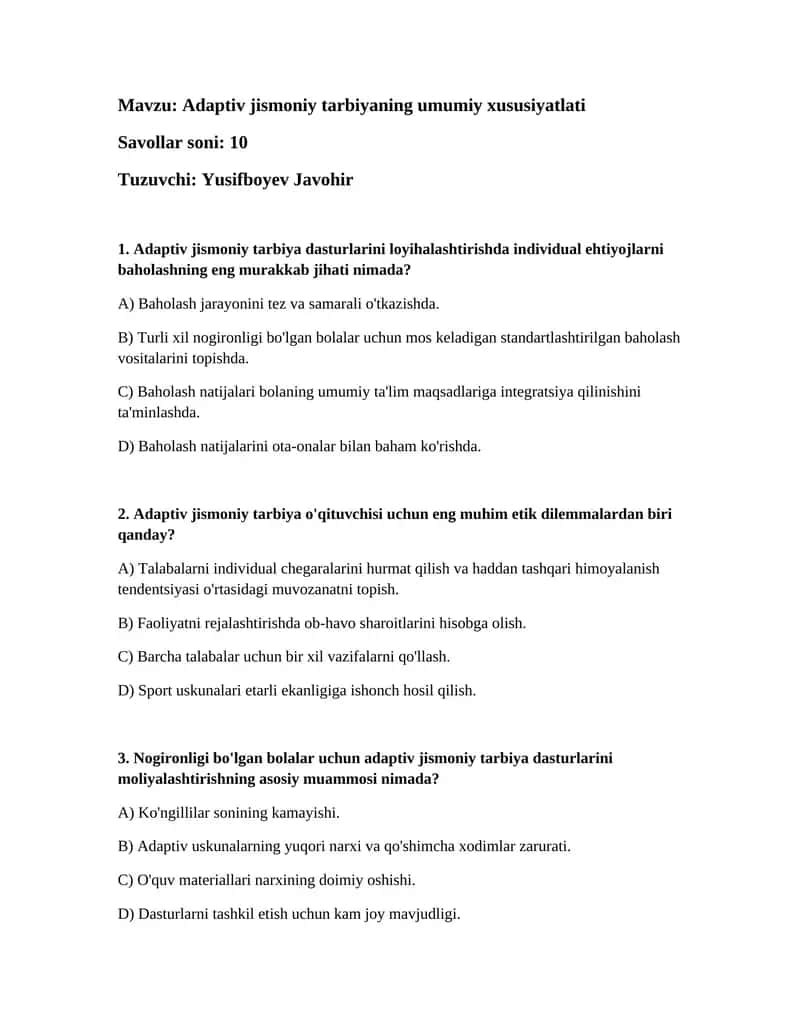 Adaptiv jismoniy tarbiyaning umumiy xususiyatlati