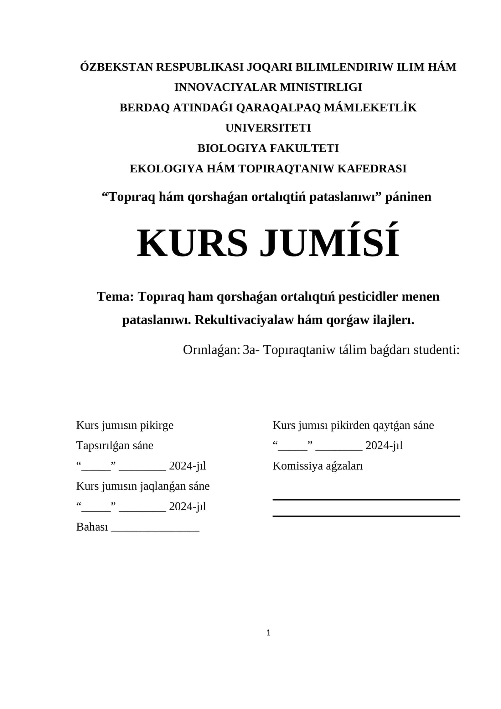 Topıraq ham qorshaǵan ortalıqtıń pesticidler menen pataslanıwı. Rekultivaciyalaw hám qorǵaw ilajlerı