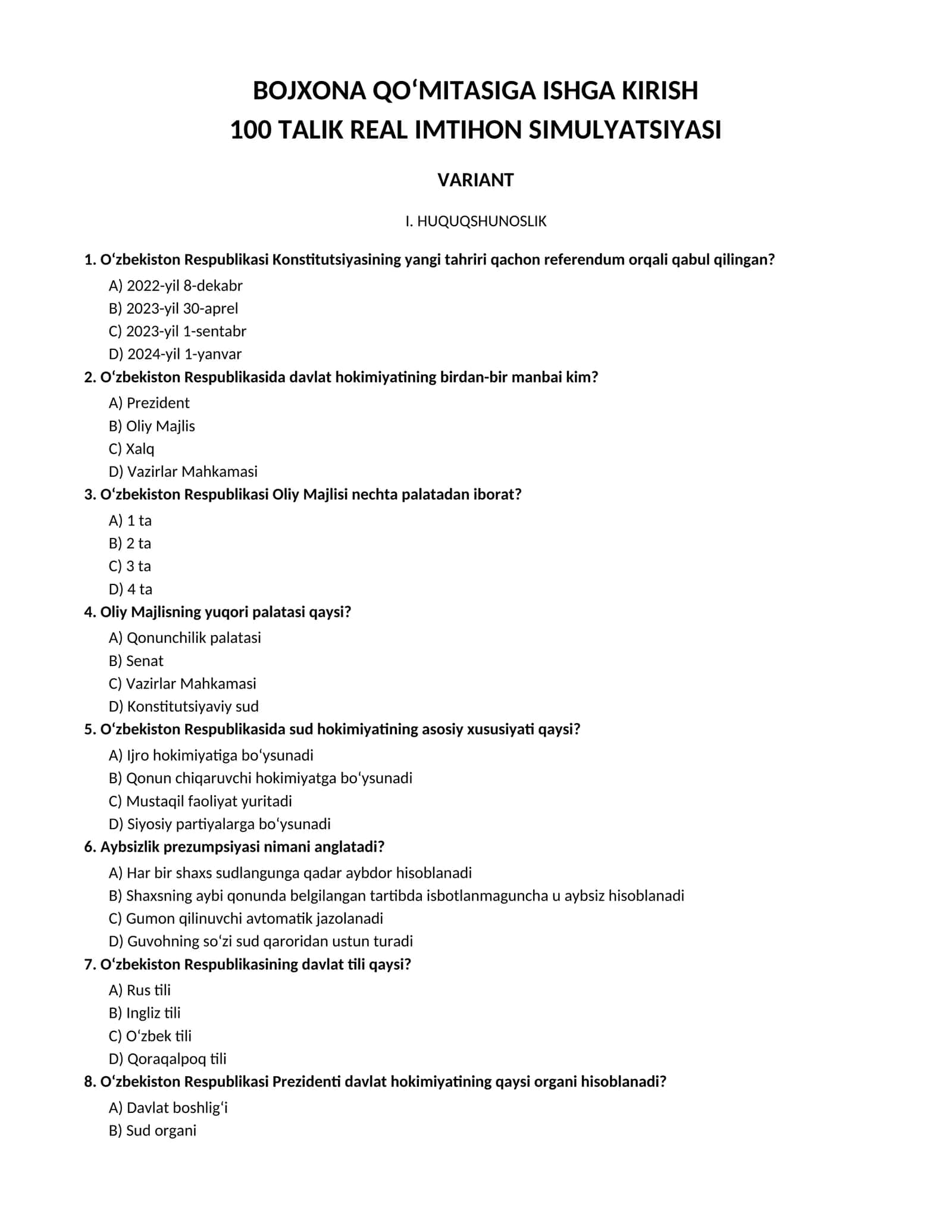 bojxonaga ishga kirish dastlabki test