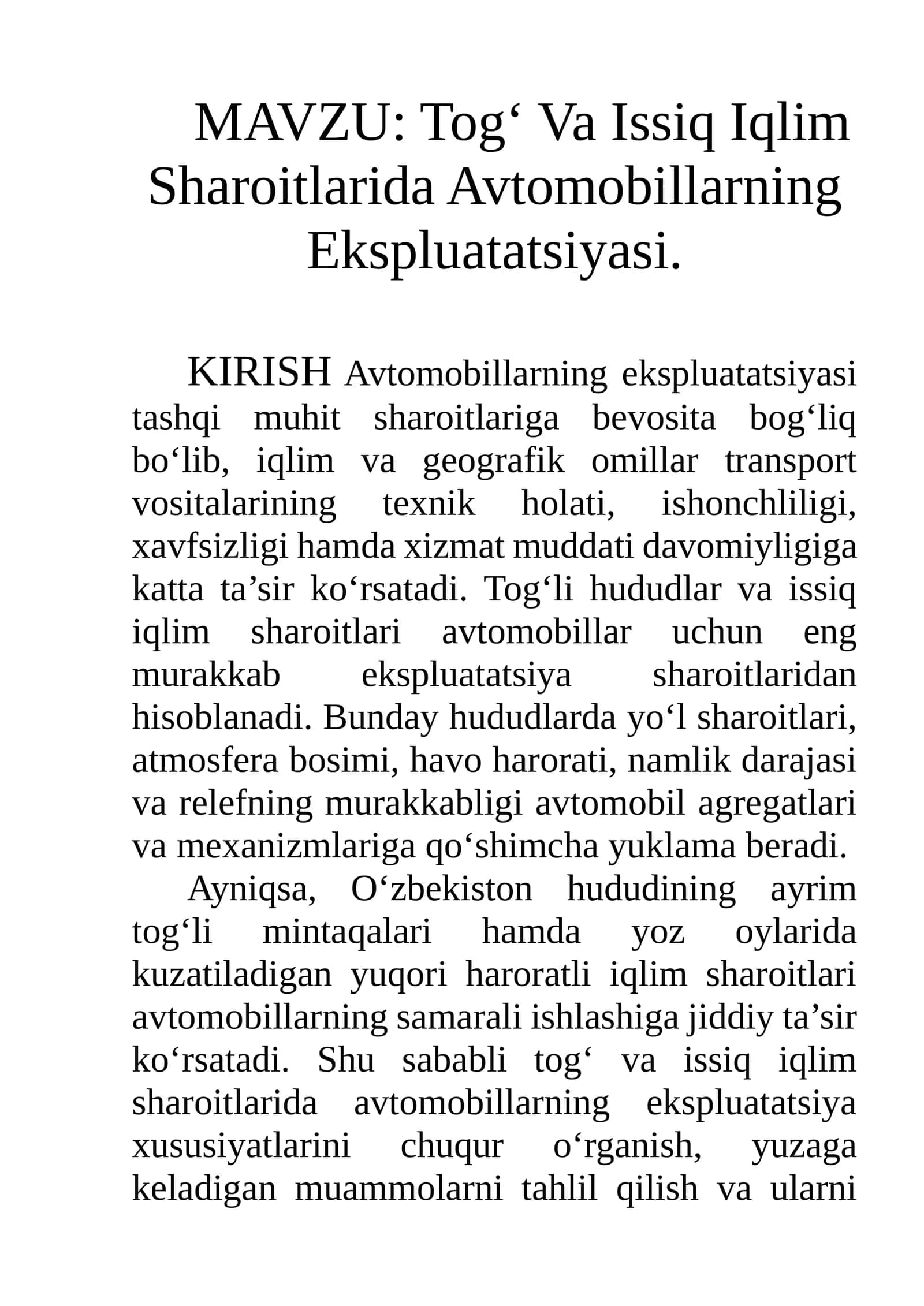 Tog‘ Va Issiq Iqlim Sharoitlarida Avtomobillarning Ekspluatatsiyasi