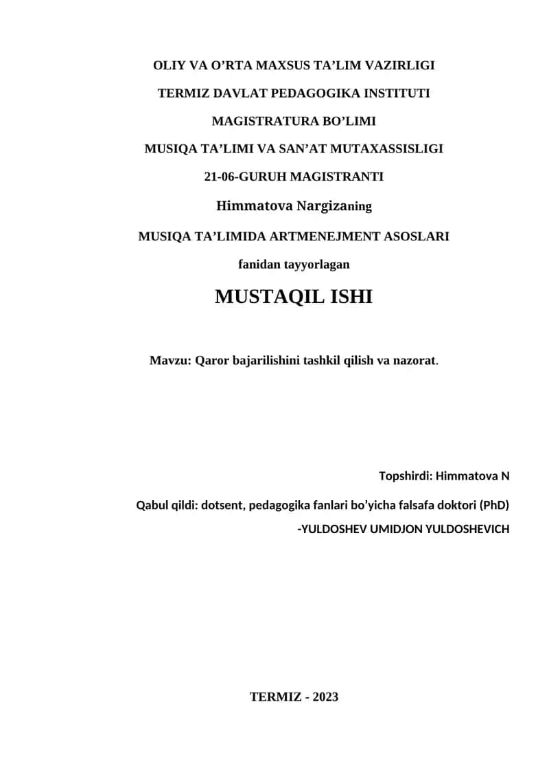 MUSIQA TA’LIMIDA ARTMENEJMENT ASOSLARI