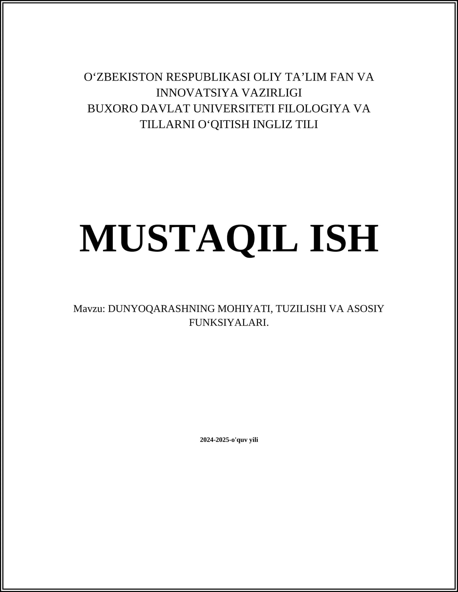 DUNYOQARASHNING MOHIYATI, TUZILISHI VA ASOSIY FUNKSIYALARI