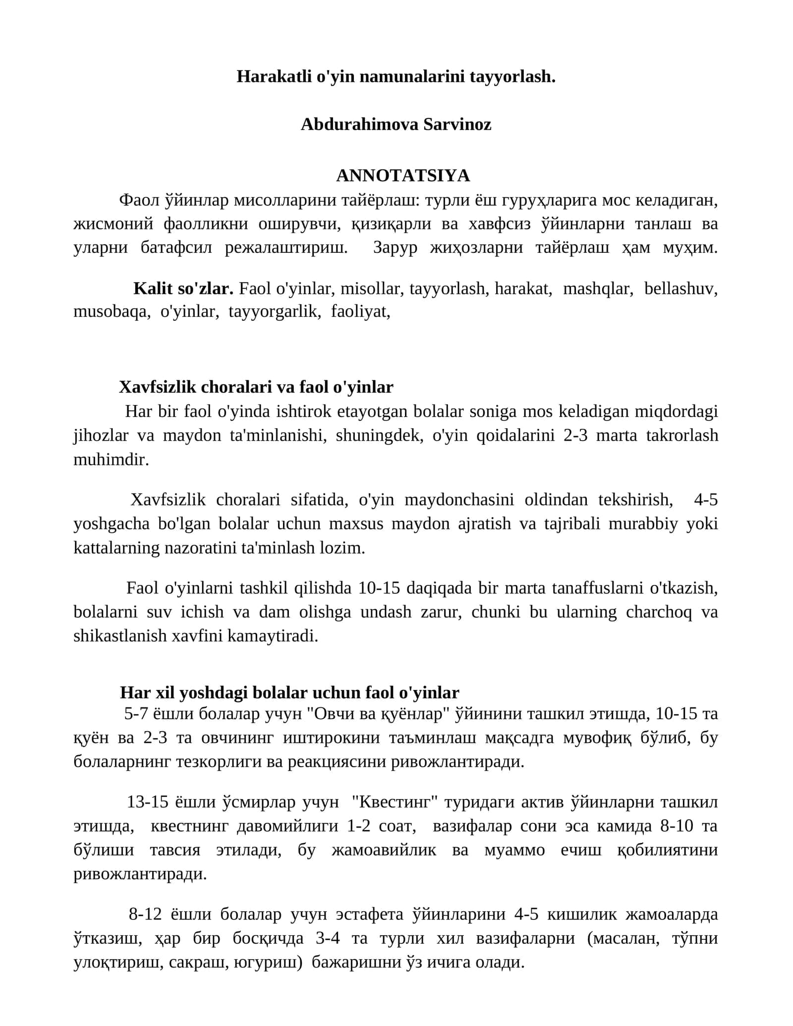 Harakatli o'yin namunalarini tayyorlash