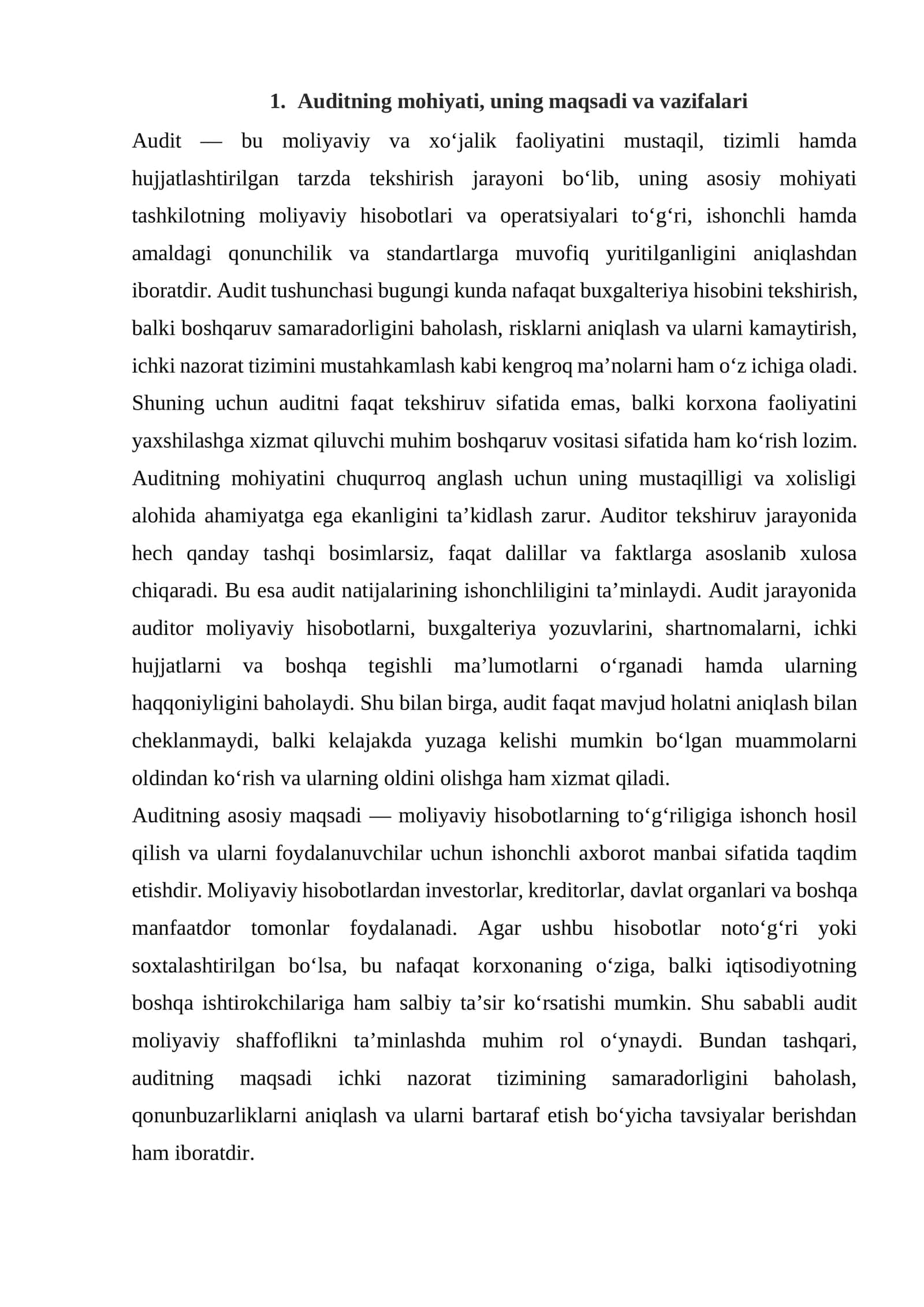 Auditning mohiyati, uning maqsadi va vazifalari