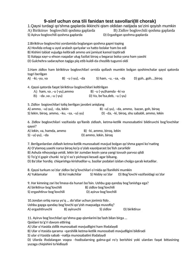 9-sinf uchun ona tili fanidan test savollari(III chorak)