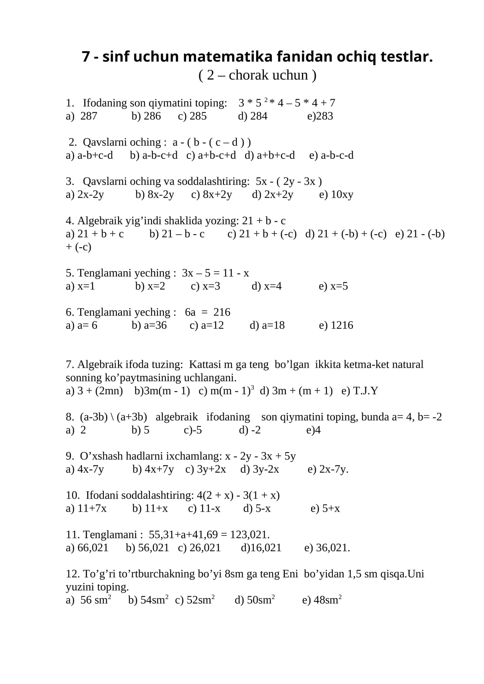 7 - sinf uchun matematika fanidan ochiq testlar