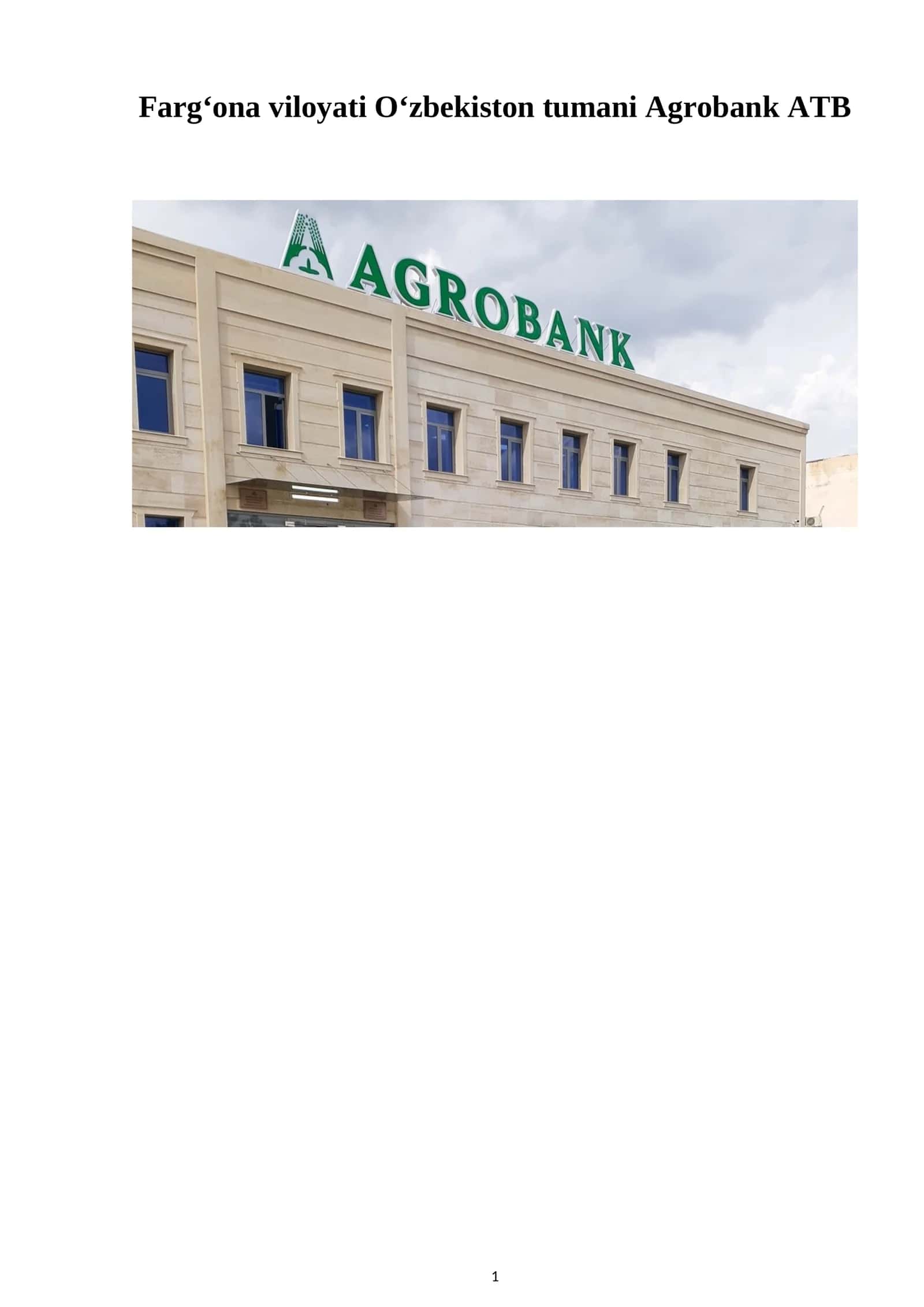 Fargʻona viloyati Oʻzbekiston tumani Agrobank ATB 2026