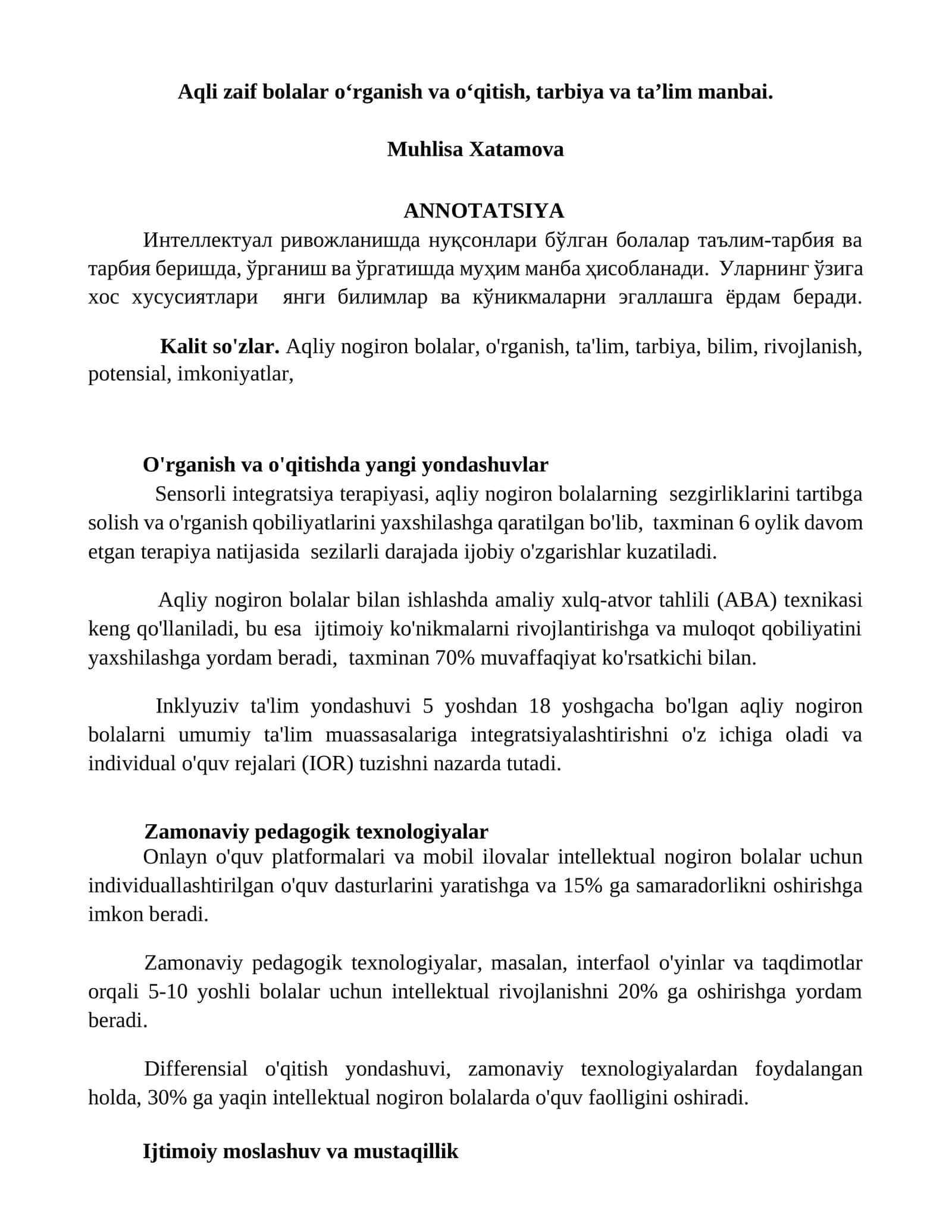 O'tish jarayonida aqliy nogiron bolalar