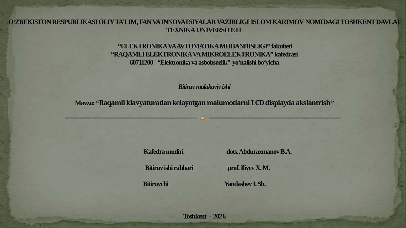 “Raqamli elektronika va mikroelektronika” kafedrasi Bitiruv malakaviy ishi