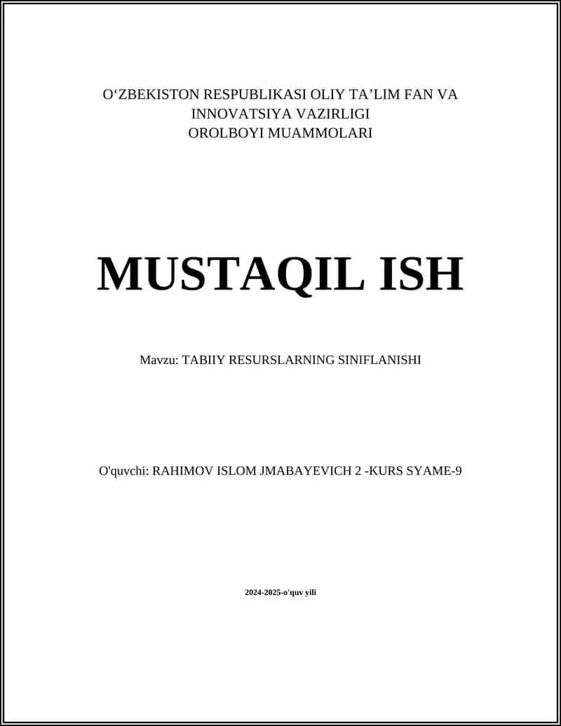 TABIIY RESURSLARNING SINIFLANISHI