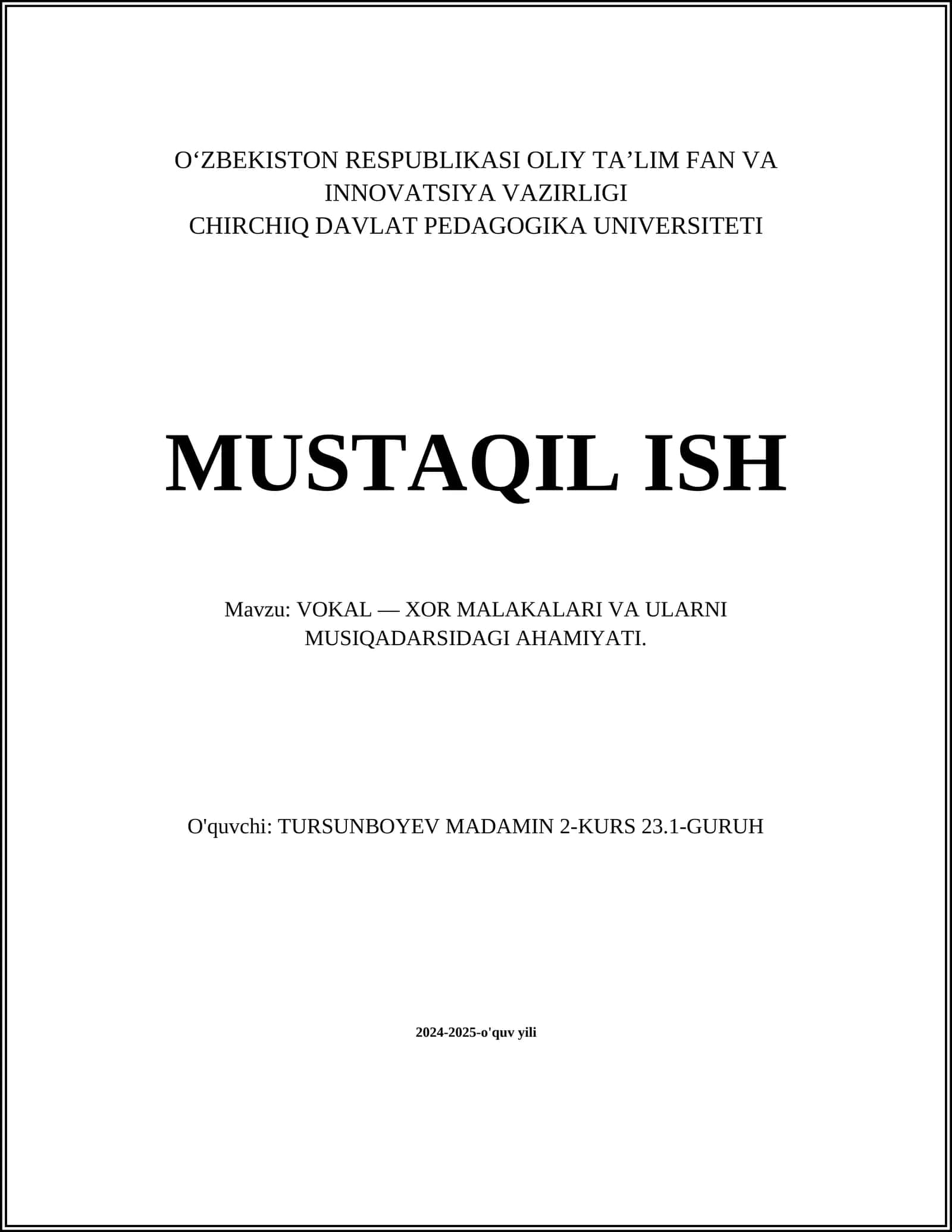 Vokal — XOR MALAKALARI VA ULARNI MUSIQADARSIDAGI AHAMIYATI